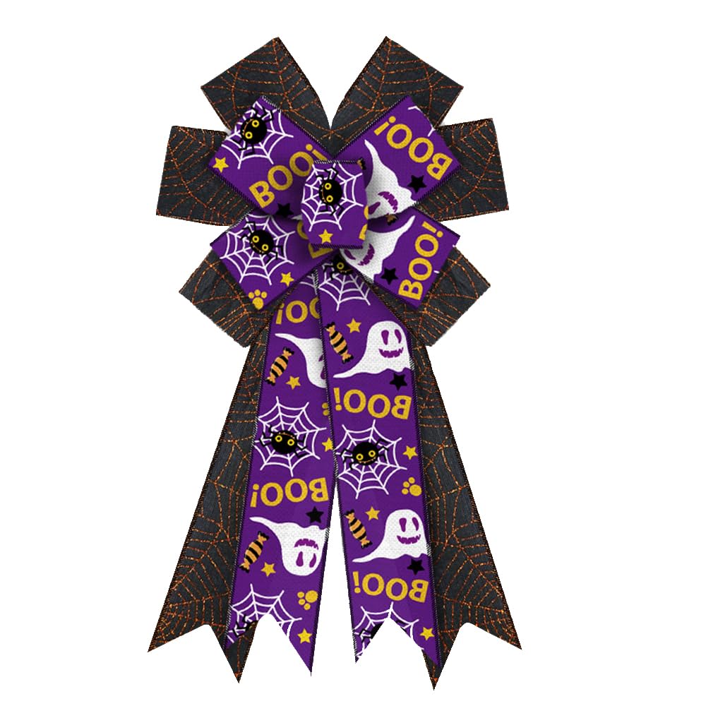 Halloween Wreath Bows - Large Glitter Spider Ghost Boo Burlap Ribbon Bows for Wreaths, Tree Toppers & Home Decor | Indoor Outdoor Halloween Decoration Supplies for Doors, Mantels & Party Decor