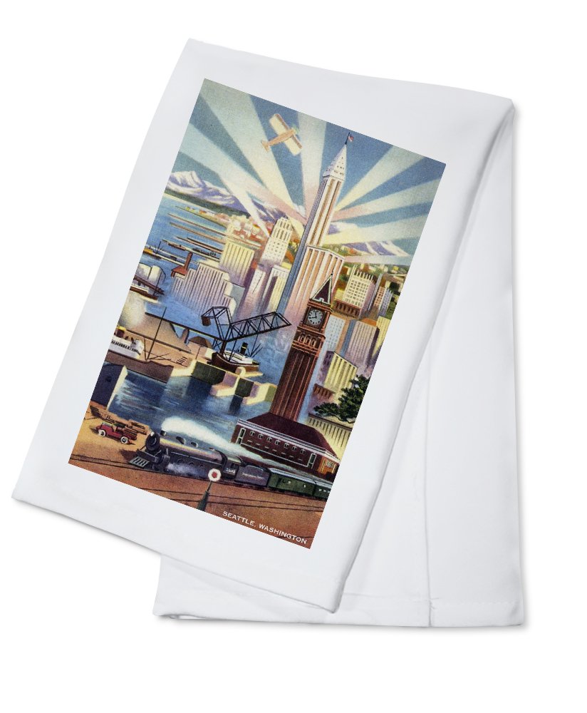 Seattle Washington Downtown View with Ship Docks & Train - 100% Cotton Tea Towel Set | Decorative Kitchen Hand Towels for Home Decor | Perfect for Gifts, Housewarming & Coastal Themed Kitchens