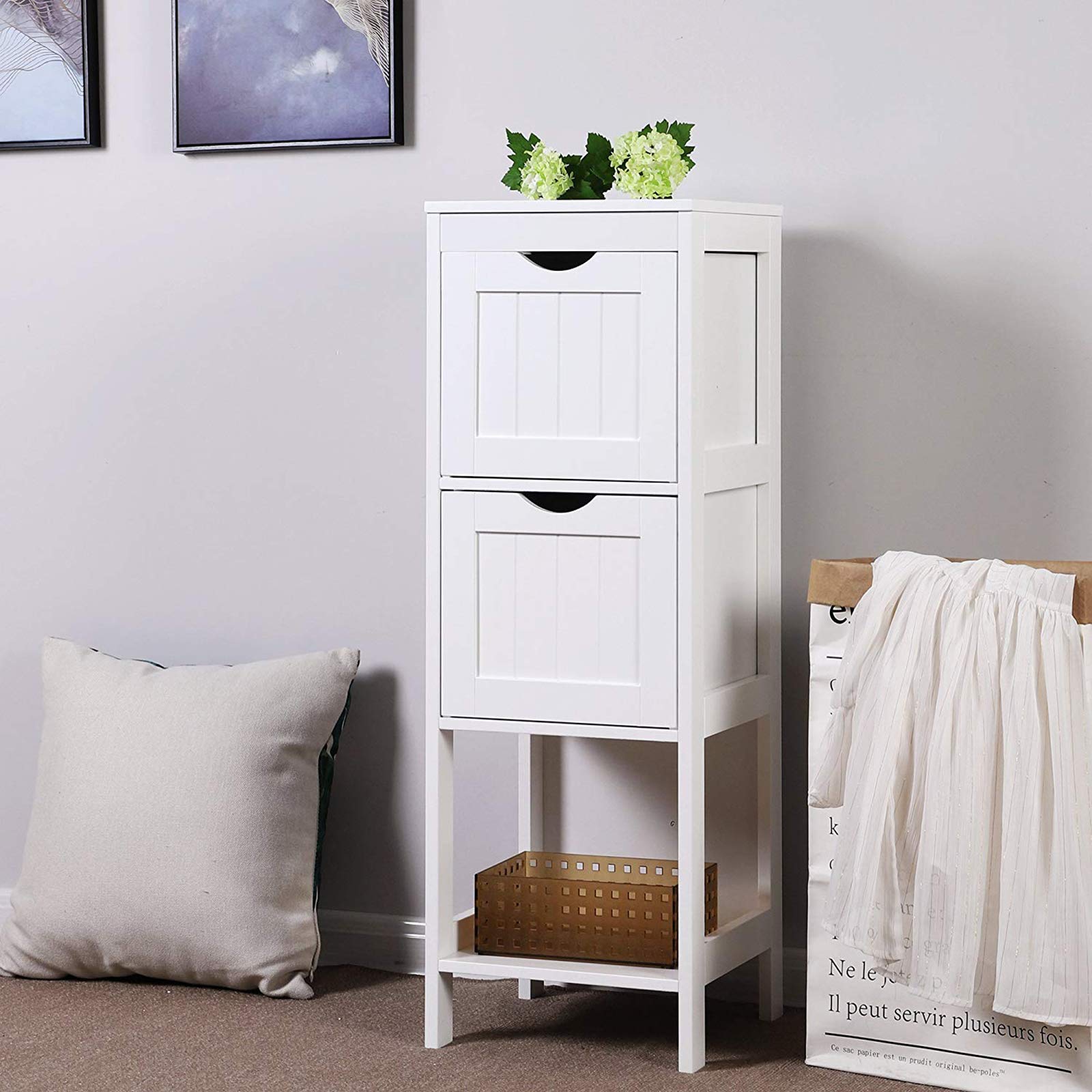 White Bathroom Storage Cabinet with 2 Adjustable Drawers - Small Floor Cabinet for Kitchen, Bathroom & Outdoor Organization - Perfect for Bath Essentials, Kitchen Supplies & Patio Storage