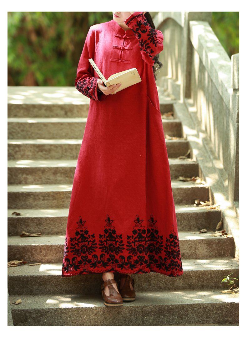 Elegant Women's Floral Embroidered Chinese Style Long Sleeve Maxi Dress - Perfect for Casual Wear, Parties, and Special Occasions