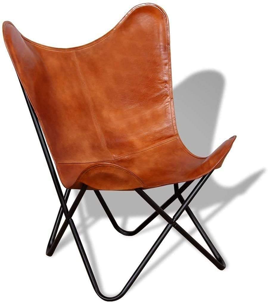 Genuine Tan Leather Butterfly Chair with Stand – Foldable Armrest Lounge Chair for Living Room, Patio & Outdoor – Home Decor & Comfortable Seating Furniture