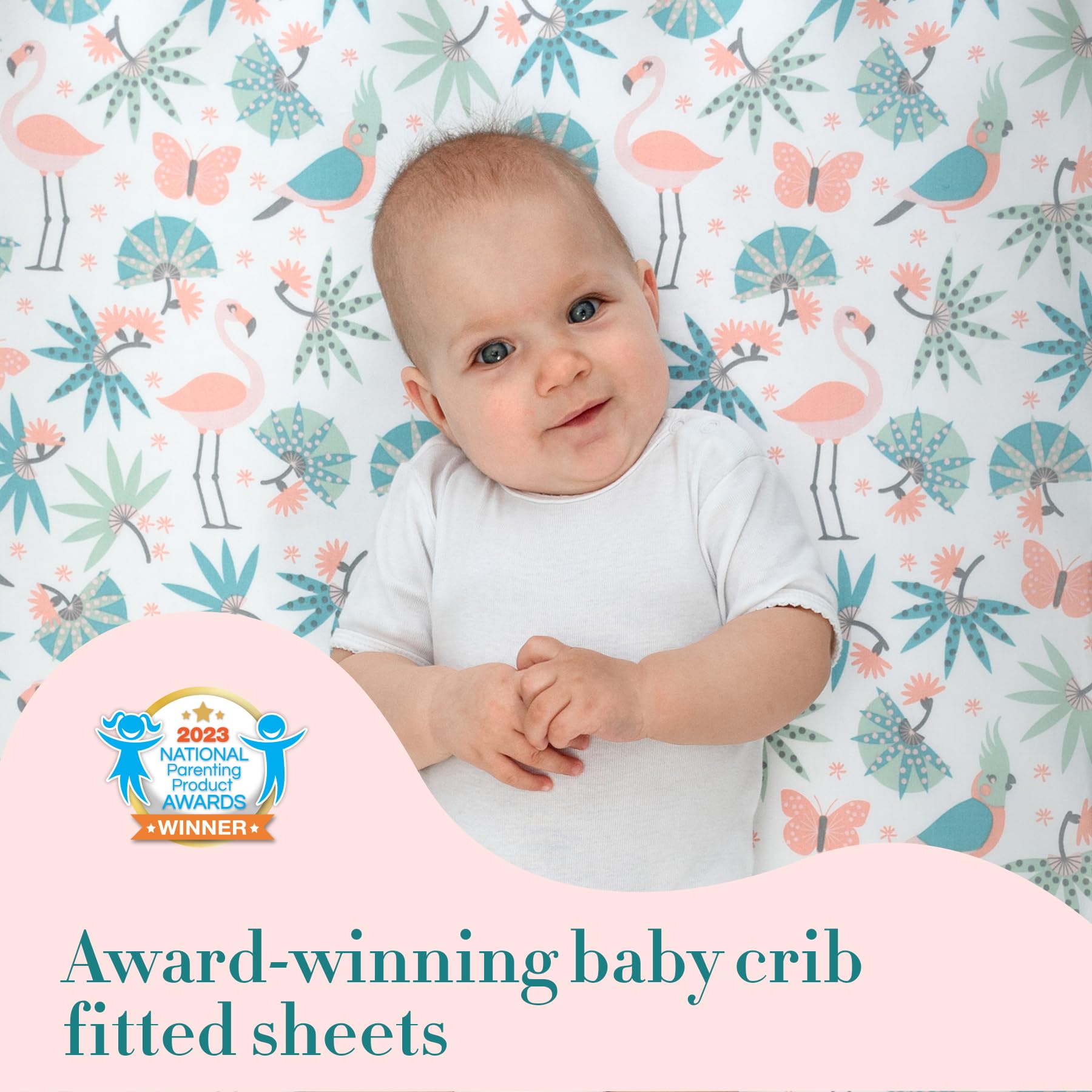 My Little Zone 100% Cotton Crib Fitted Sheets for Baby Girls - Soft Flamingo & Jungle Leaves Print, Breathable Toddler Bed Sheet Set, 28x52 Inches with 8