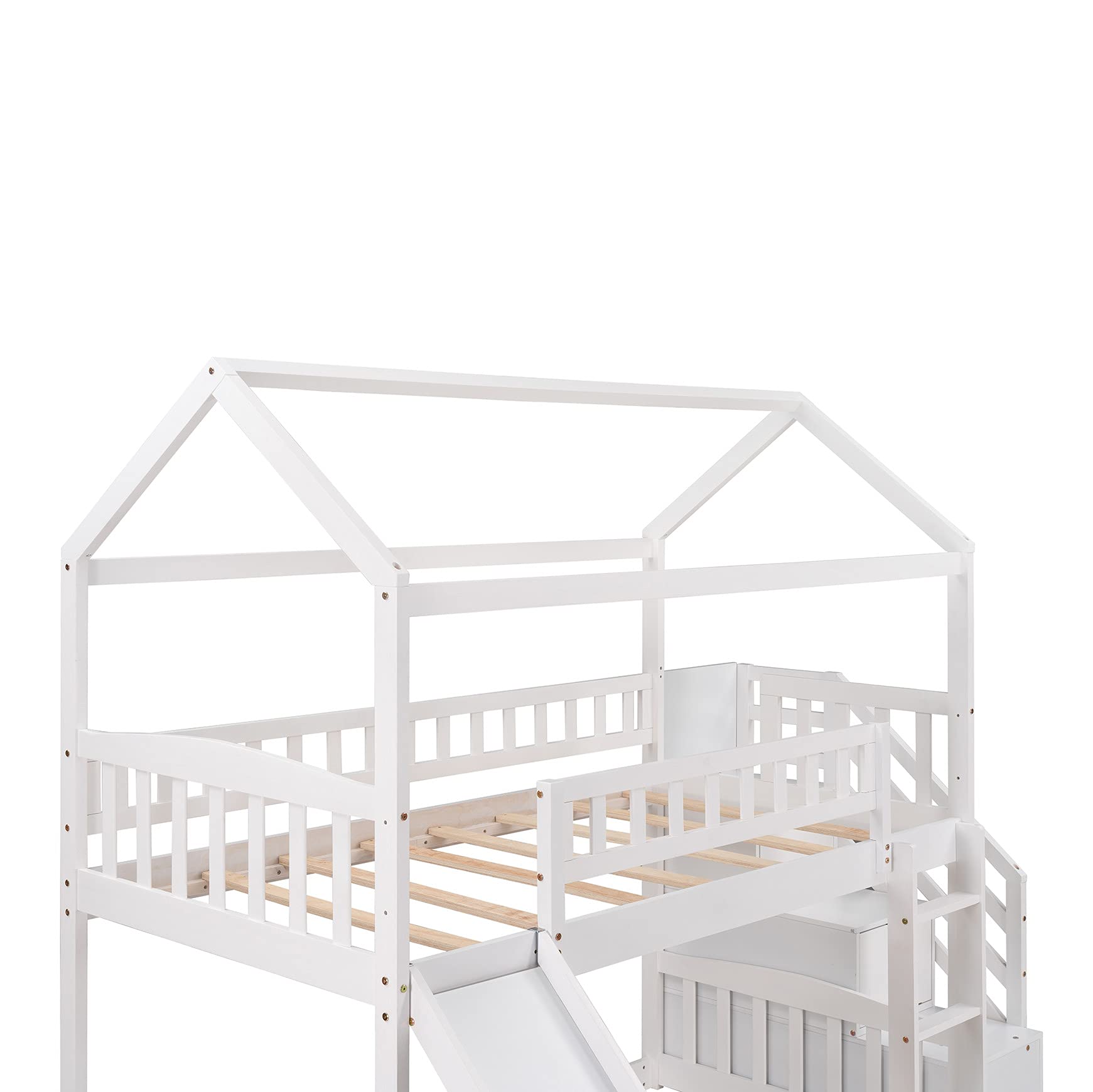 Solid Wood Twin Over Twin Bunk Bed with Slide - Kids House-Shaped Loft Bed Frame with 2 Drawer Stairs & Ladder for Boys, Girls, Teens - No Box Spring Needed (White) - Perfect for Small Bedrooms, Shared Kids Rooms & Play Areas