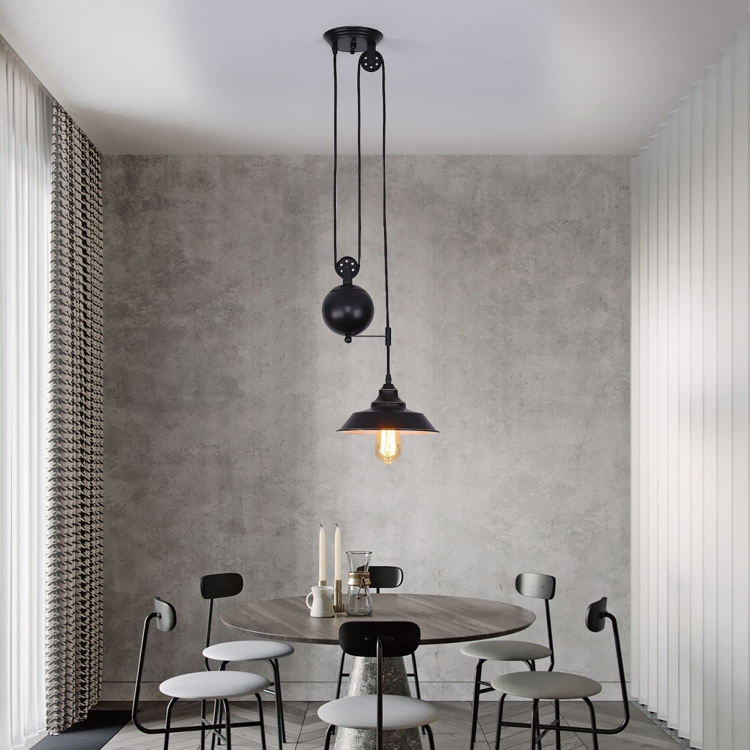 HomeLava 9-inch Black Industrial Pendant Light - Oil Rubbed Bronze Ceiling Fixture with Pulley for Kitchen, Dining Room & Over Sink | Modern Hanging Chandelier Lighting for Farmhouse & Industrial Decor