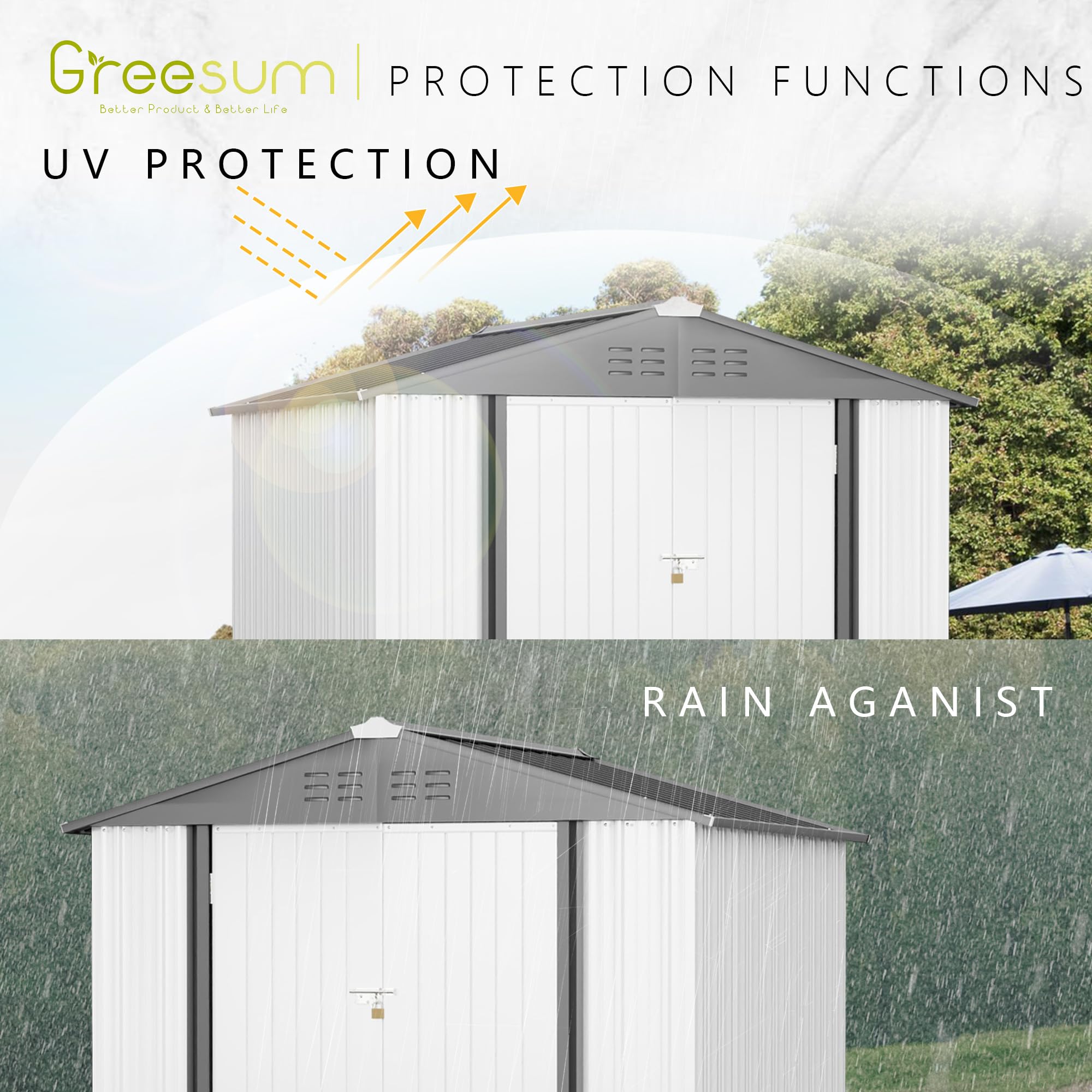 Greesum 8FT x 6FT Metal Outdoor Storage Shed - Heavy Duty Steel Utility Tool Shed with Secure Door Lock - Weather Resistant Garden Shed for Backyard, Patio, Lawn Equipment Storage (White) - Perfect for Storing Lawn Mowers, Gardening Tools & Outdoor Furniture