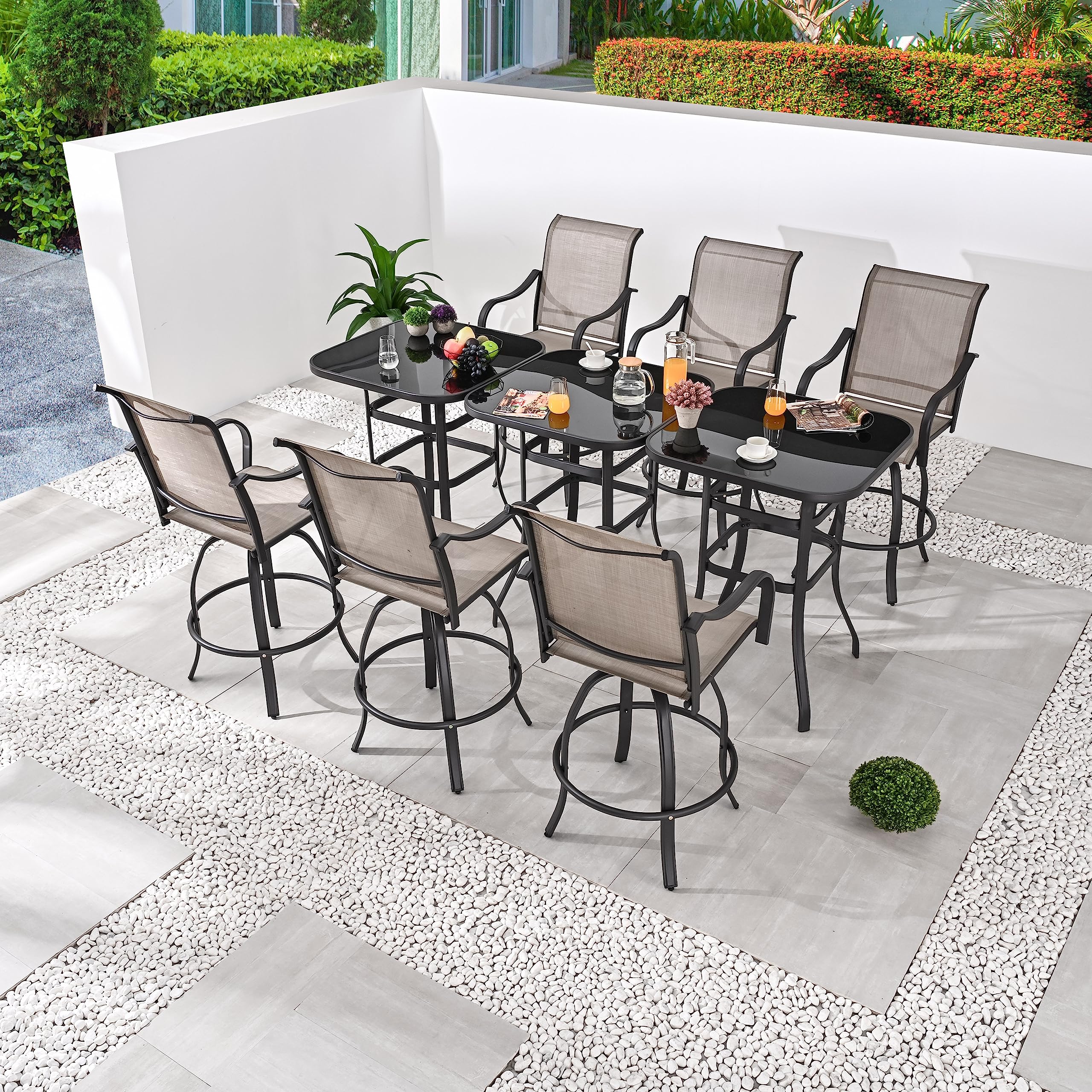 9-Piece Outdoor Patio Swivel Bar Stool Set with 3 Glass Top Tables - All-Weather Bistro Height Dining Chairs for Backyard, Garden, Poolside & Restaurant Use (Grey)