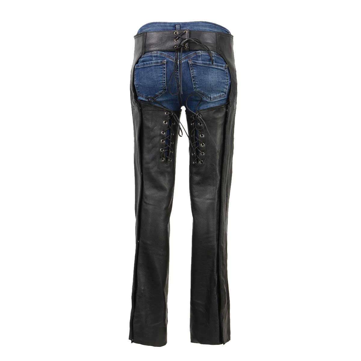 Milwaukee ML1186 Women's Black Low-Rise Waist Motorcycle Leather Chaps with Double Buckle & Rivet Detailing - Perfect for Harley Riding & Biker Events