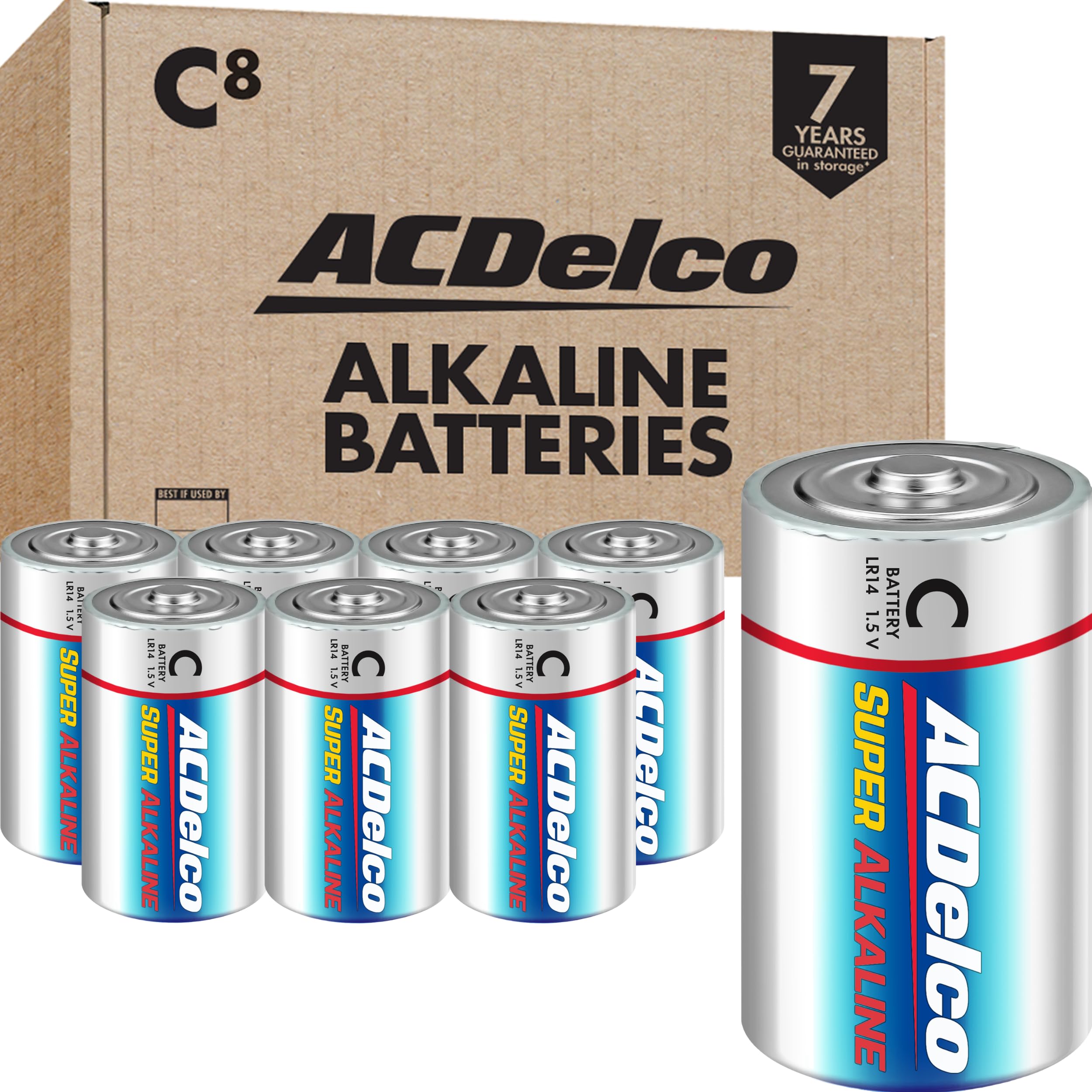 ACDelco 8-Pack Super Alkaline C Batteries - Maximum Power, 7-Year Shelf Life, Recloseable Packaging - Ideal for Flashlights, Toys, and Emergency Devices