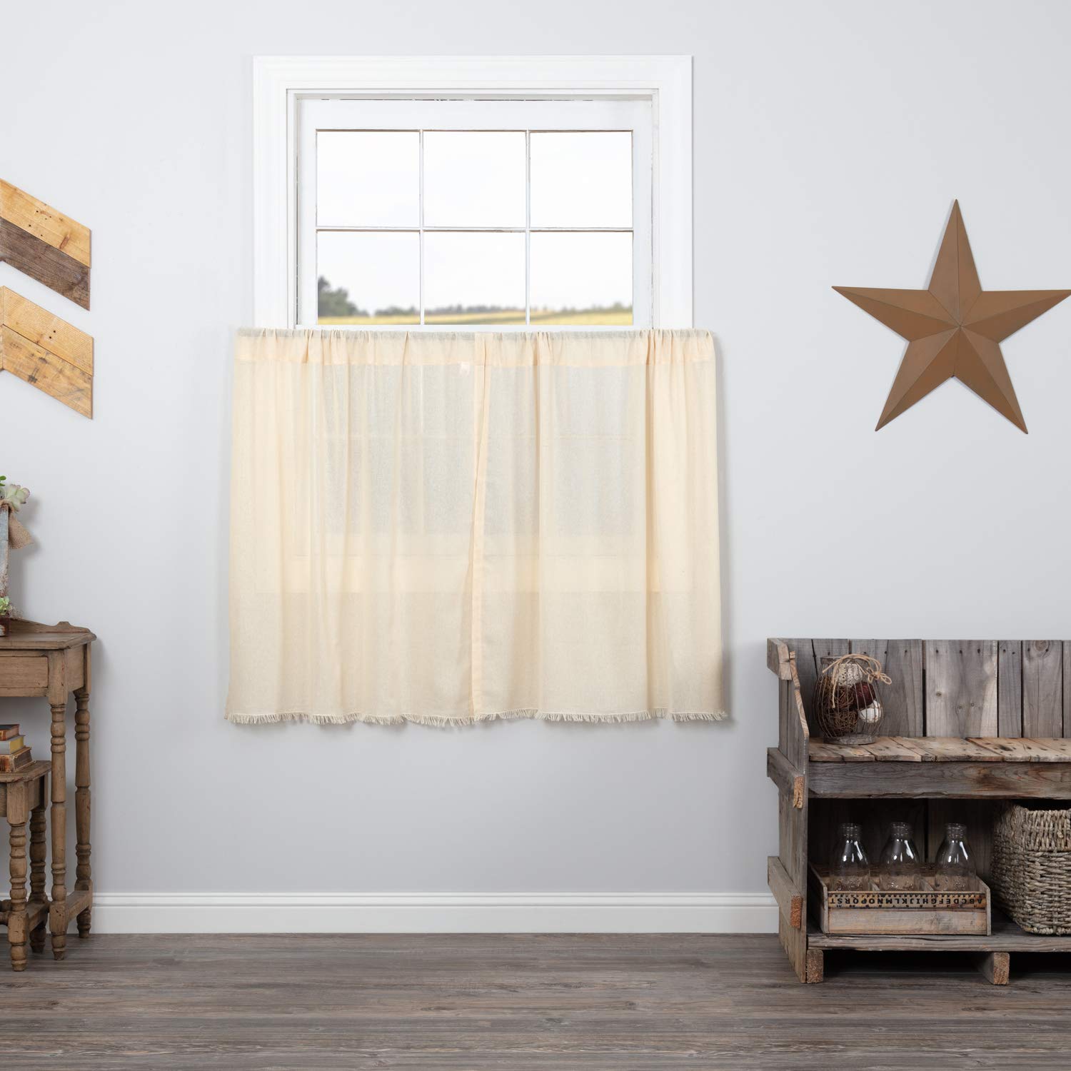 VHC Brands Tobacco Cloth Fringed Antique White Farmhouse Rustic Curtains - 36x36 Inch Kitchen & Bathroom Tier Set - Perfect for Farmhouse, Cottage, and Vintage Style Decor