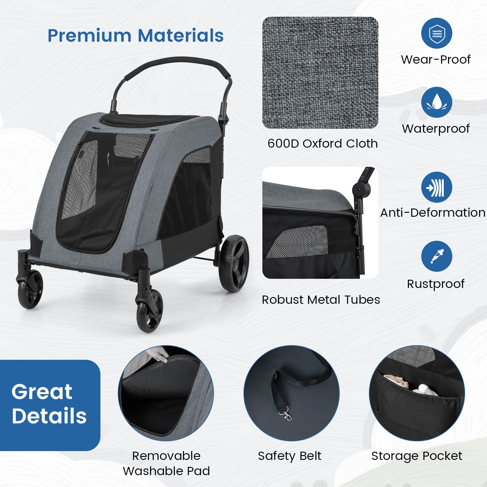 **Giantex Extra Large Dog Stroller for Big Dogs & Cats - Heavy Duty Pet Stroller for Senior Dogs, Safety Belt, Adjustable Handle, Removable Cushion, Foldable Design - Up to 132 lbs (Gray) - Perfect for Jogging, Shopping & Outdoor Adventures**