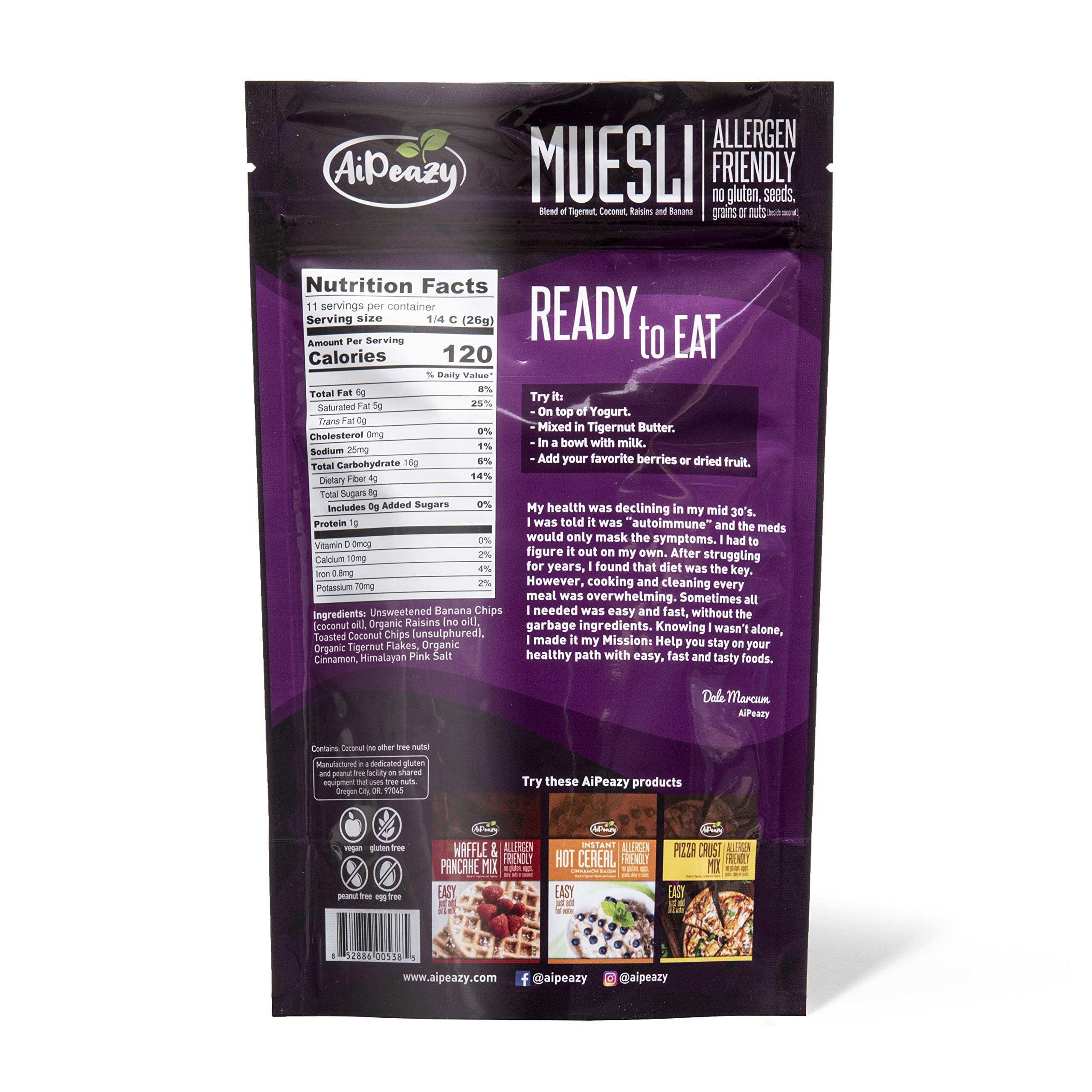 Organic Gluten-Free Paleo Muesli Mix with Raisins, Tigernut, Coconut & Banana - Healthy Breakfast Cereal & Snack - 10.1oz - Perfect for Office, Travel & Kids Lunch Boxes