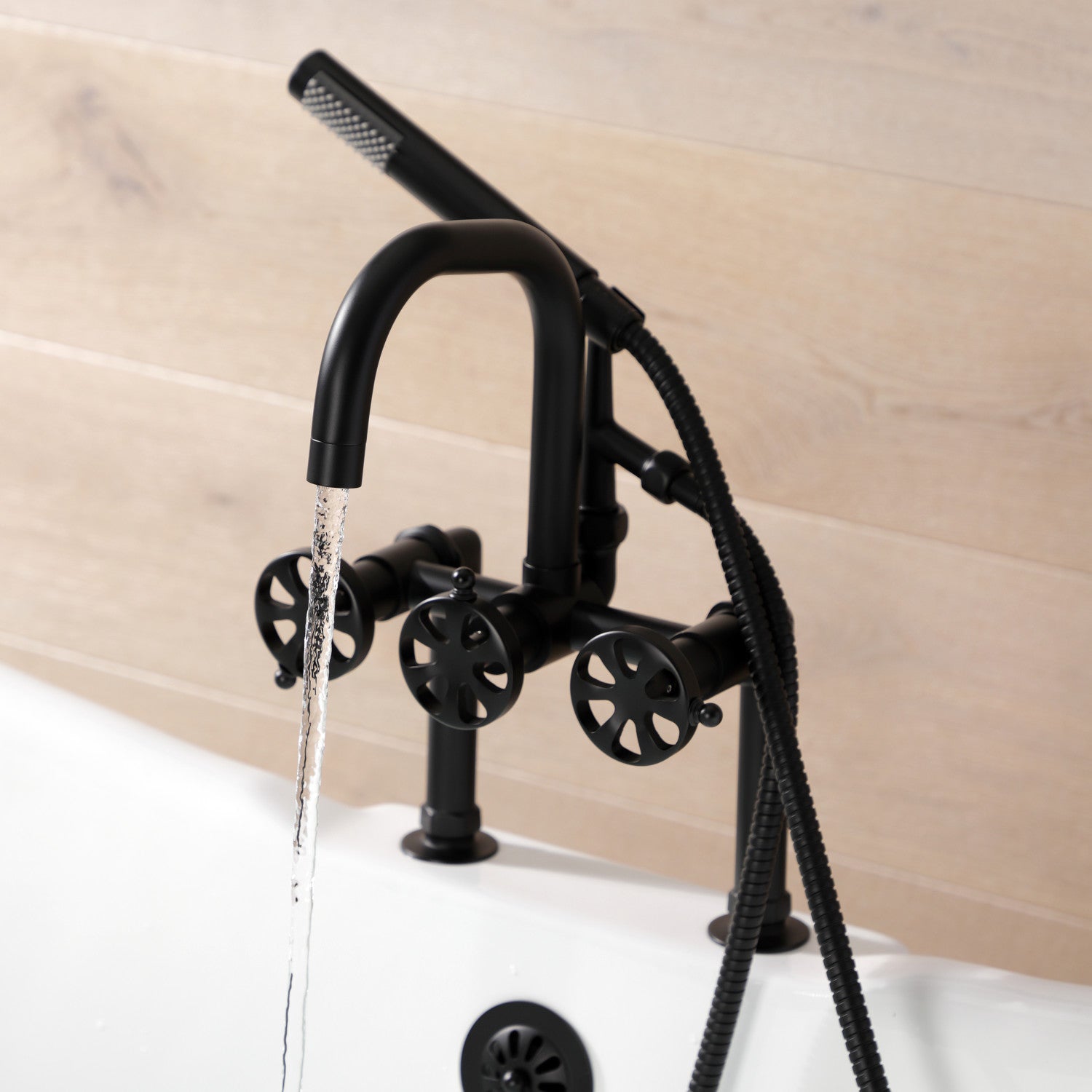 Belknap AE8400RX Matte Black 3-Handle 2-Hole Deck Mount Clawfoot Bathtub Faucet with Hand Shower - Perfect for Vintage Bathroom Renovations & Spa-Like Showers