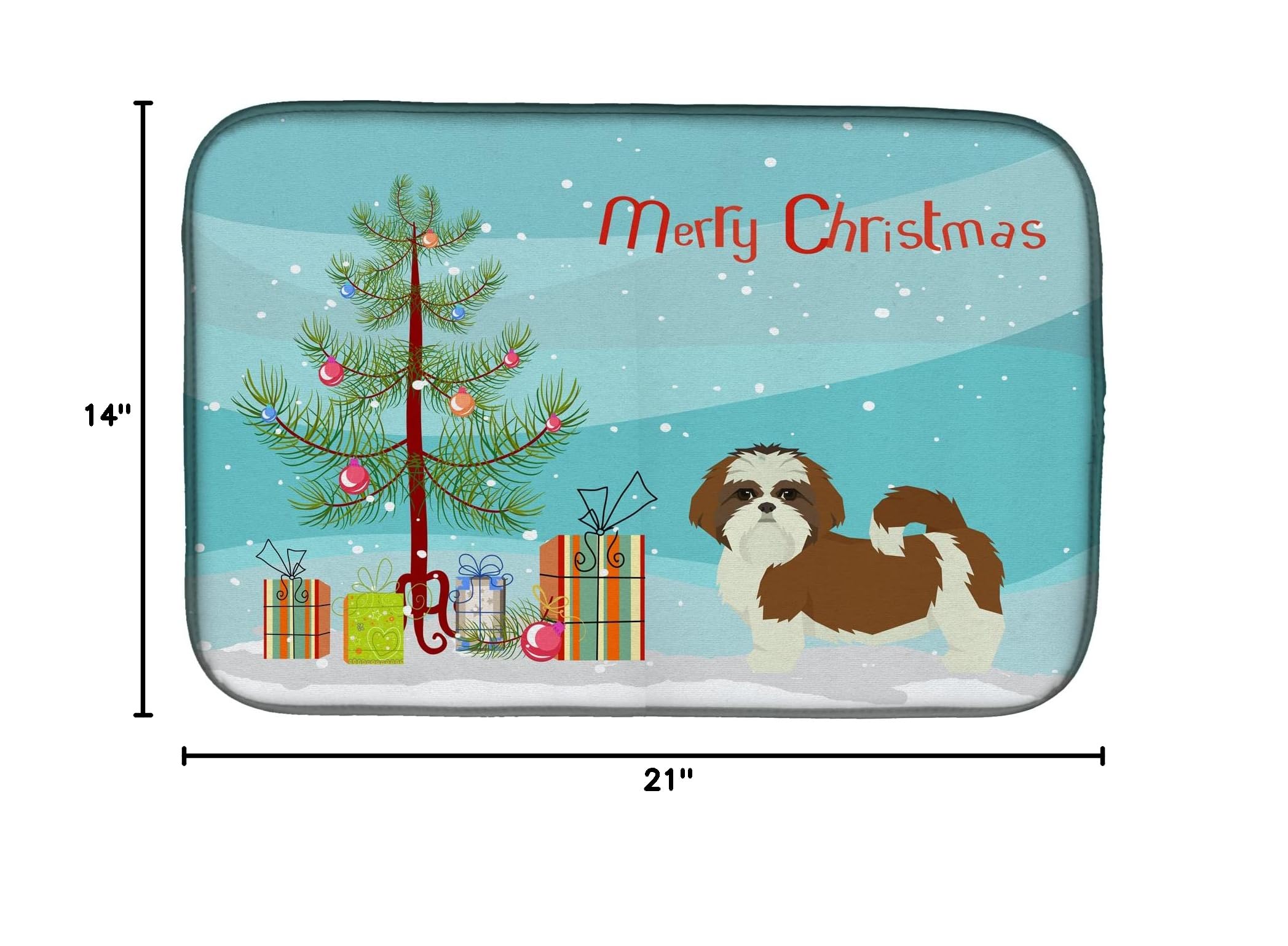 Shih Tzu Christmas Tree Dish Drying Mat - Absorbent Kitchen Counter Pad for Holiday Decor