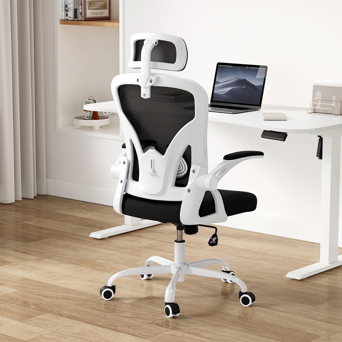 Farini Ergonomic Office Chair - Adjustable High Back Computer Desk Chair with Headrest, Lumbar Support & Flip-Up Armrests for Home Office, Study, Bedroom (White/Black) - Perfect for Long Work Hours, Gaming & Remote Work