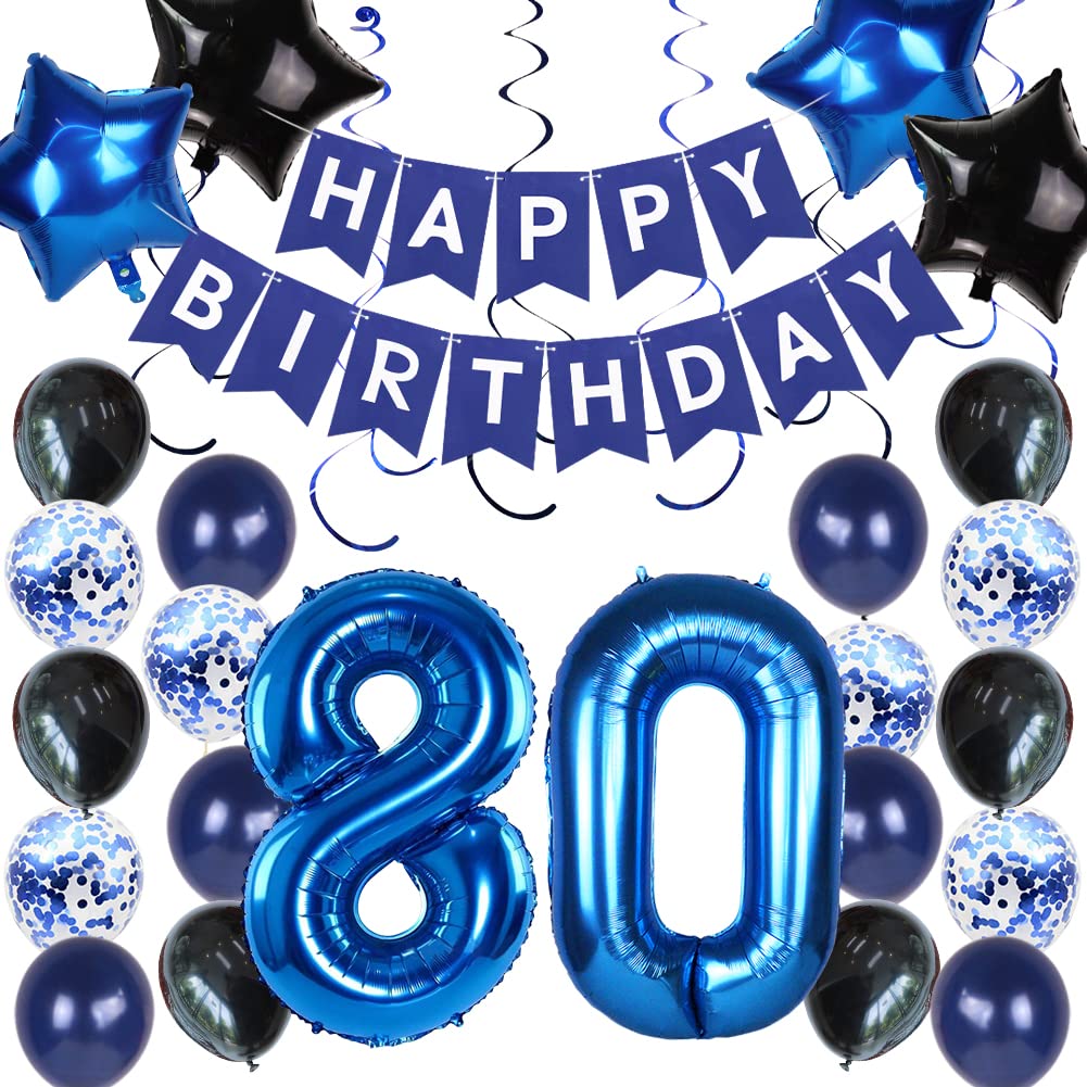 80th Birthday Party Decorations for Men - Blue Happy Birthday Banner, Number 80 Foil Balloon & Backdrop Set - Perfect for 80th Anniversary Celebrations, Milestone Birthday Parties & Retirement Decorations
