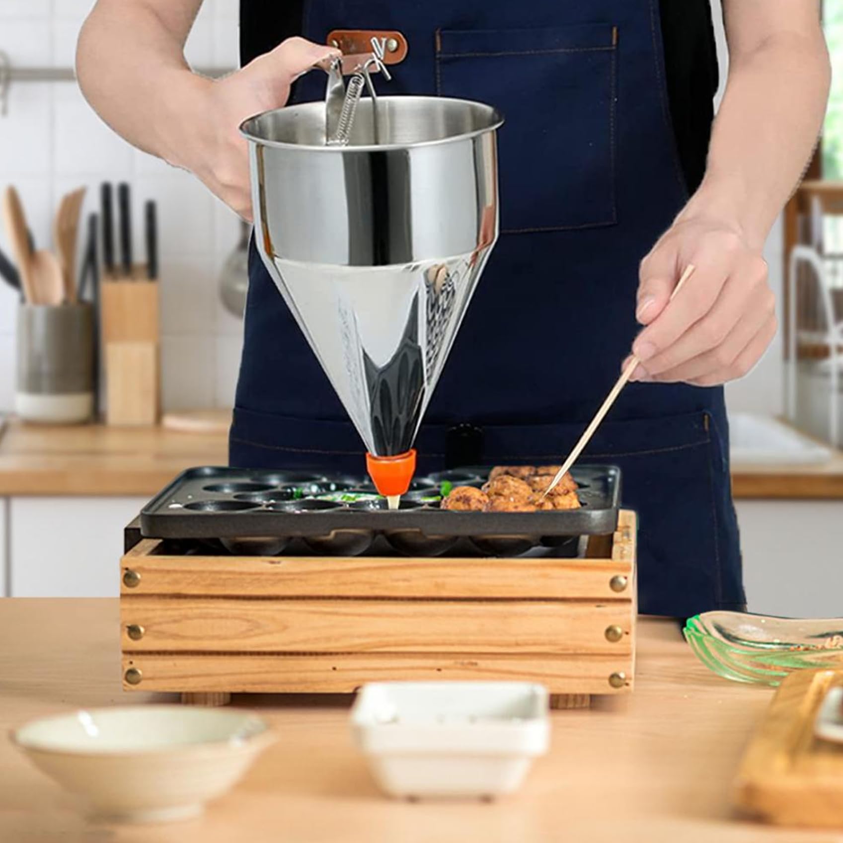 **40oz Stainless Steel Pancake Batter Dispenser with Stand & 4 Nozzles – Perfect for Griddle Cakes, Funnel Cakes, Desserts & Baking – Durable Piston Funnel for Easy Pouring**    *(Use Cases: Ideal for making pancakes, waffles, funnel cakes, cupcakes, crepes, and other desserts at home, bakeries, or food trucks.)*