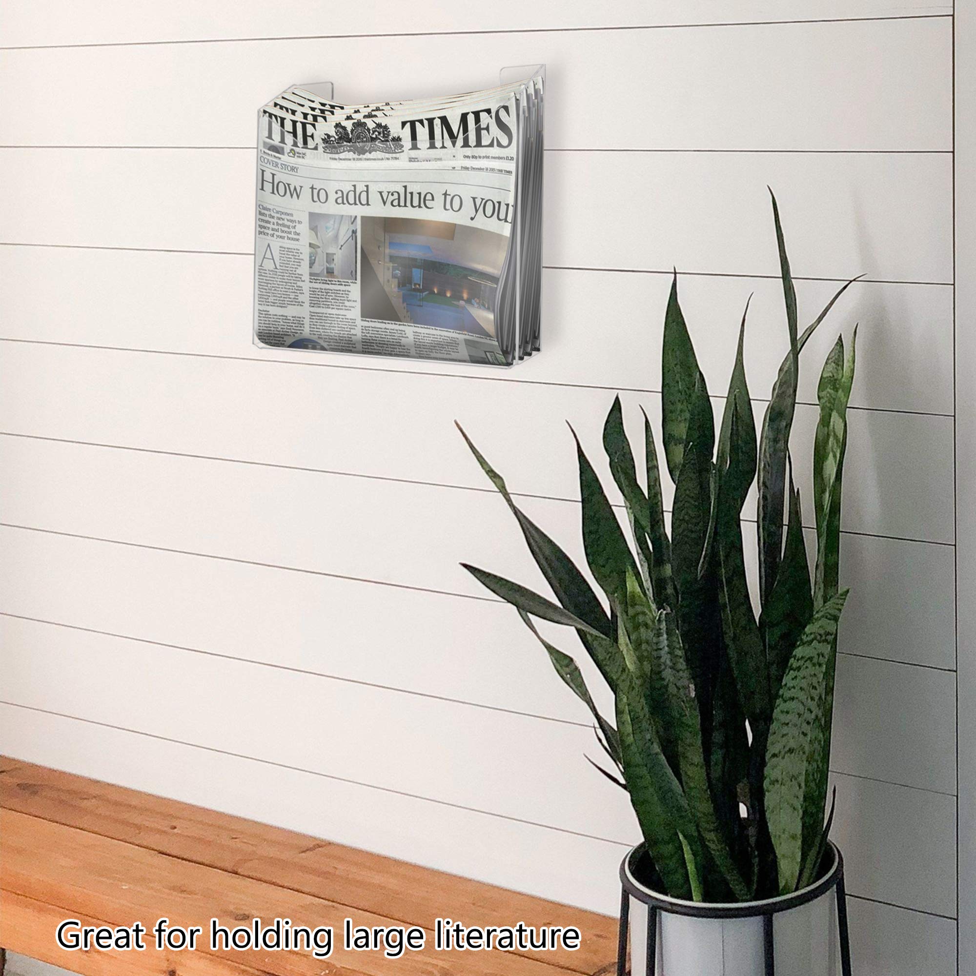 13.75 Inch Clear Acrylic Wall Mount File Holder - Extra Wide Marketing Display Caddy for Oversized Newspapers & Literature (Includes Hardware) - Perfect for Office Organization & Retail Store Displays
