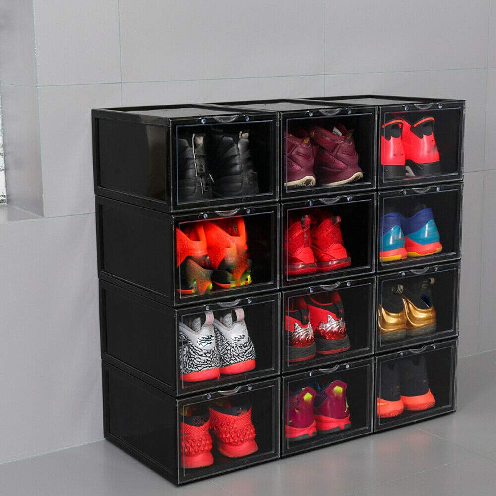 Magnetic Shoe Storage Boxes - 8 Pack Black Plastic Stackable Sneaker Organizers with Foldable Design for Flat Shoes & High Heels | Closet Shelf Display | Easy Assembly | Perfect for Home, Office & Retail Store Organization