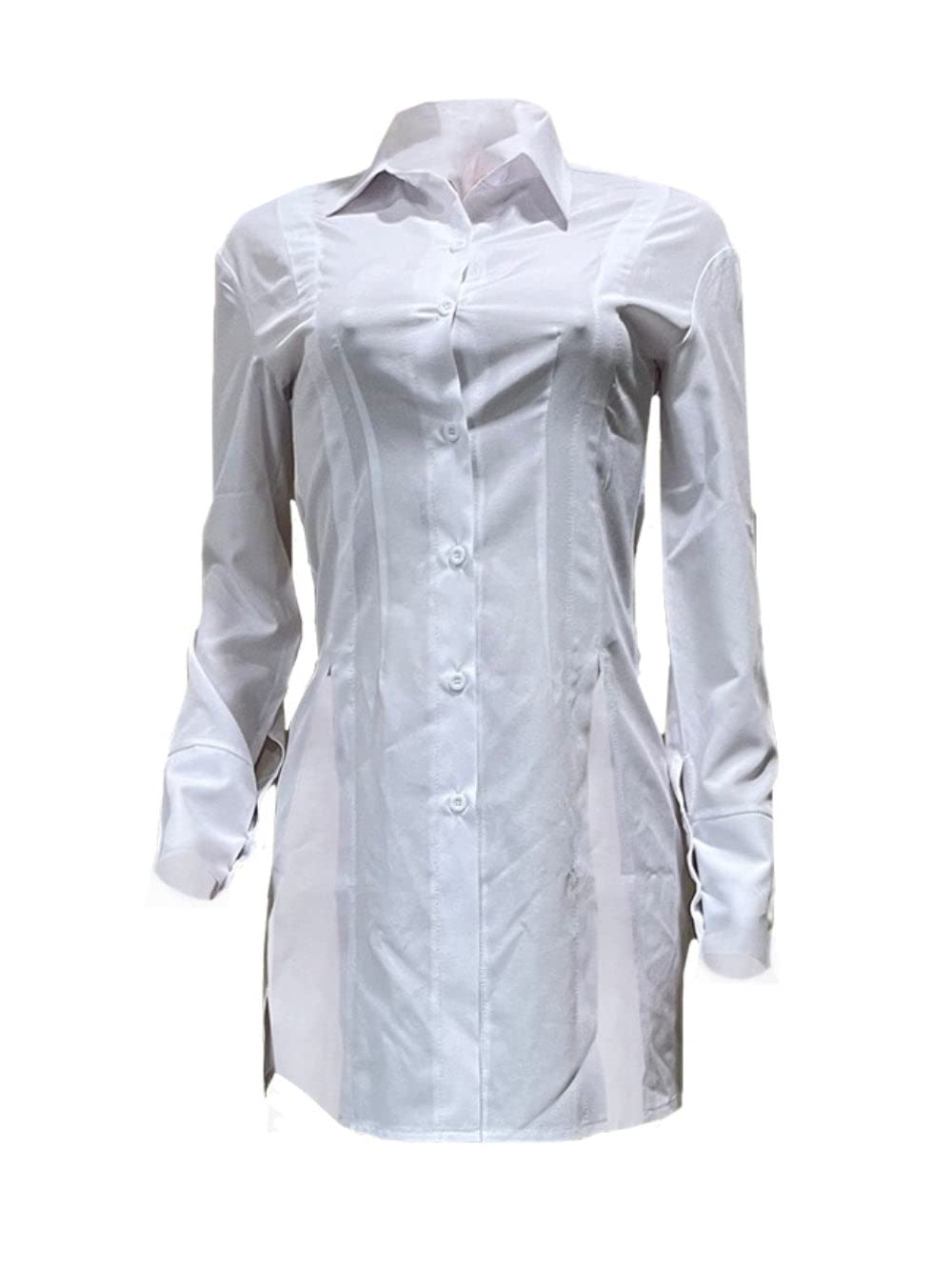 Women's V-Neck Button Down Shirt Dress with Side Slit - Long Sleeve Sexy Casual White Blouse Tops for Work, Date Night & Spring Outfits