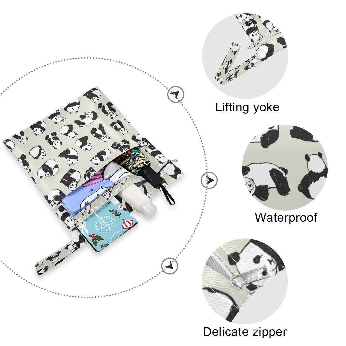 Panda Print Wet Dry Bags for Baby Cloth Diapers - 2 Pack Reusable Waterproof Travel Bags for Swimsuits, Wet Clothes, Beach & Gym | Perfect for Diaper Storage, Pool Essentials & Sports Gear