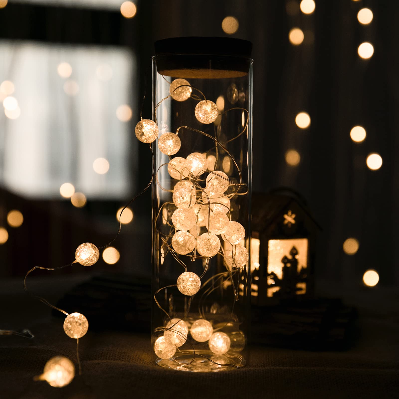 30 LED Crystal Crackle Ball String Lights - 10Ft Battery Operated Fairy Lights for Bedroom Decor, Christmas Tree, Valentine's Day Party & Wedding Decoration - Soft White Globe Lights for Indoor/Outdoor Use