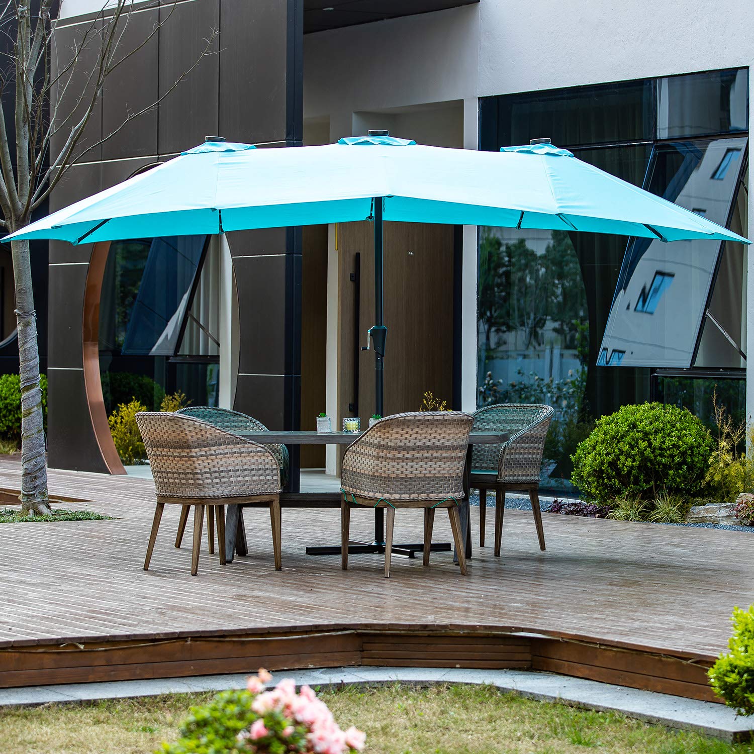 15ft Solar LED Patio Umbrella with Double-Sided Canopy - Extra Large Outdoor Garden Umbrella for Poolside, Backyard, and Patio Relaxation