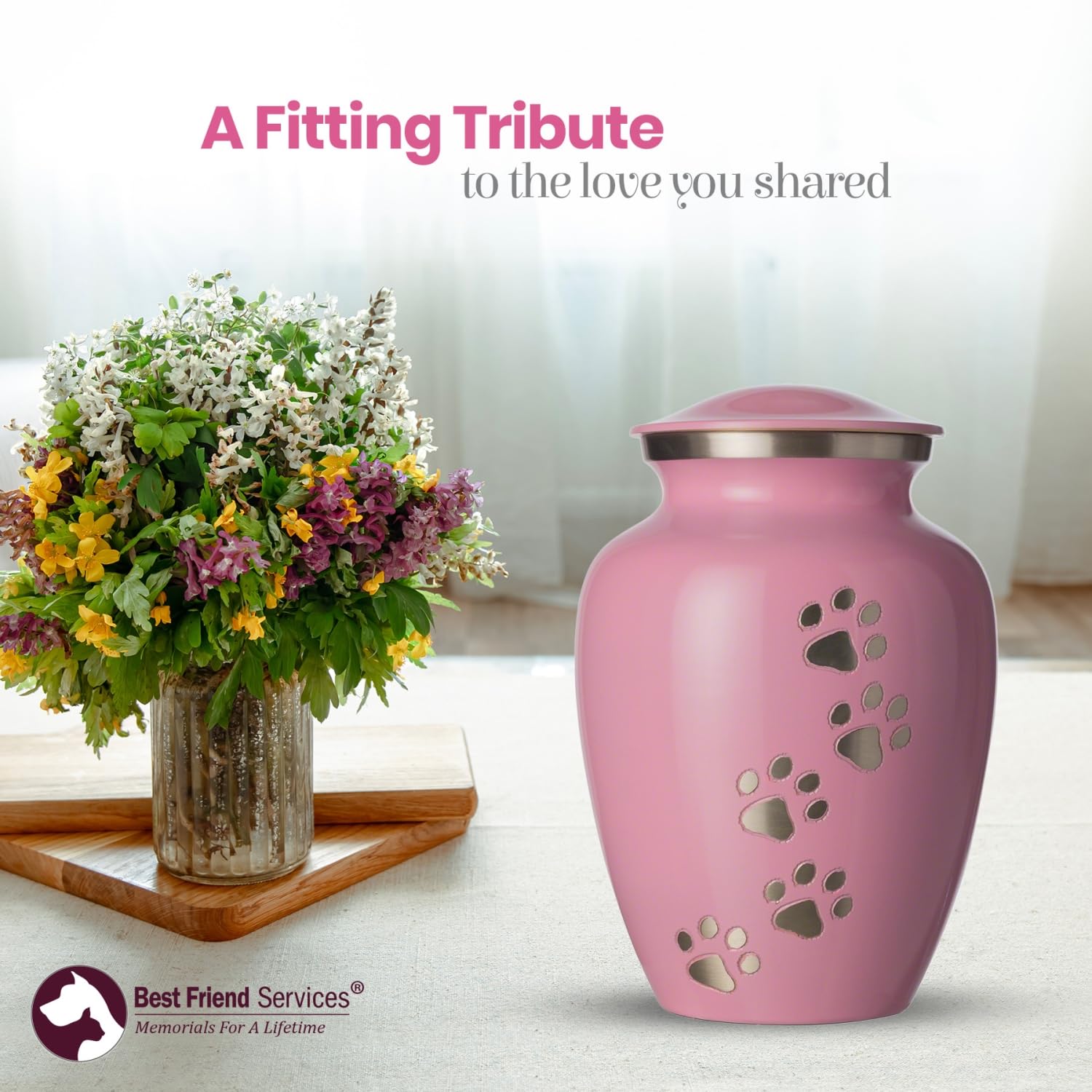 Hand Carved Brass Pet Urn for Dogs and Cats Ashes - Ottillie Paws Legacy Memorial Keepsake Urn, Small Ardent Pink with Vertical Pewter Paws, Perfect for Home Display or Memorial Ceremony