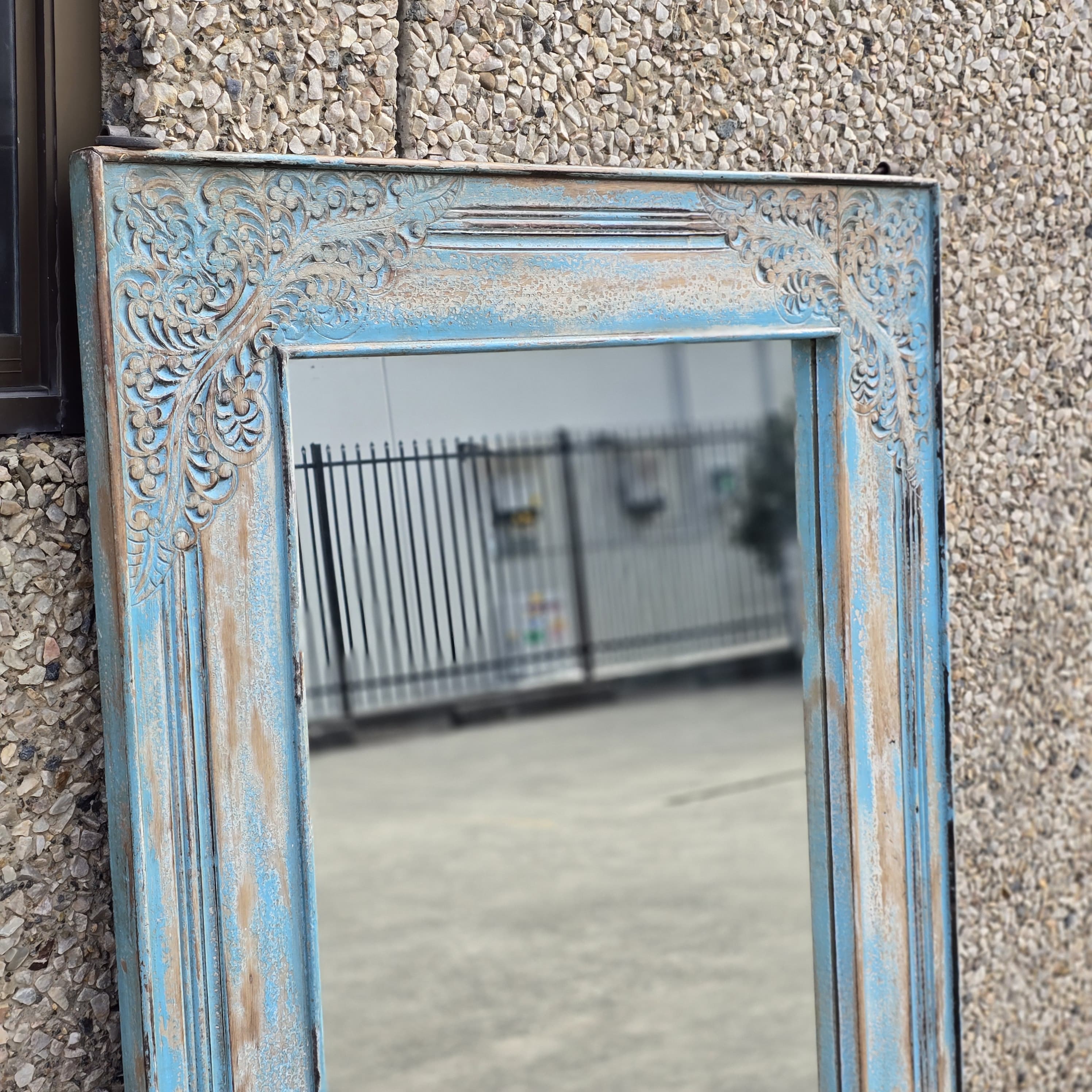 Handcrafted Floral Carved Solid Wood Indian Furniture Mirror Frame - Rustic Blue Home Decor for Living Room, Bedroom & Entryway