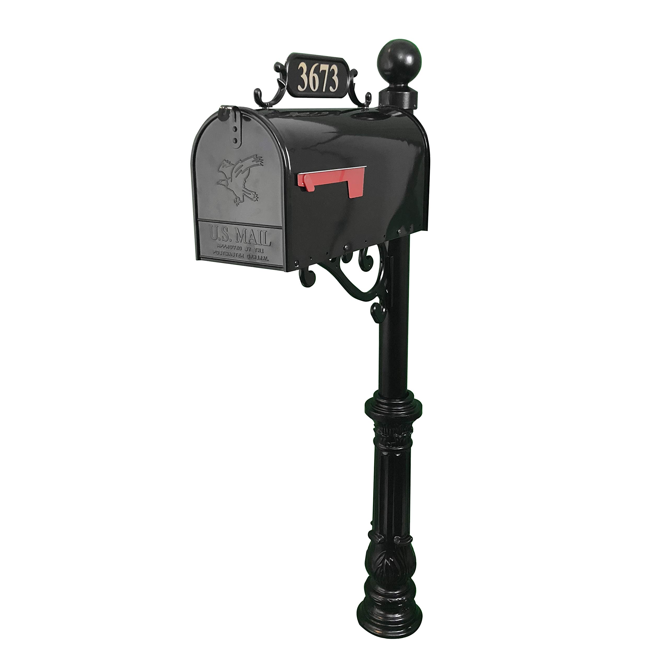 Corinthia Black Aluminum Decorative Mailbox with Address Plaque & House Numbers - Large Size Mailbox Post Combo Set with Ball Finial & Hardware - Perfect for Home, Office & Luxury Estate Mailbox Upgrade
