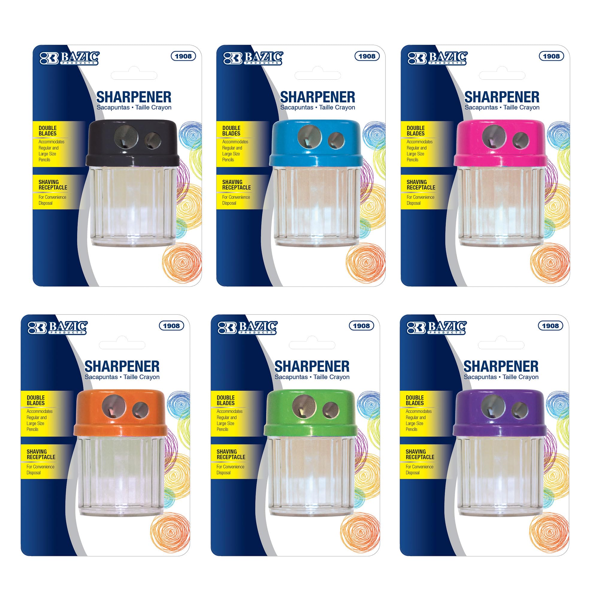 BAZIC Dual Blade Pencil Sharpener with Receptacle - Works with Standard & Jumbo Pencils, Crayons - 24-Pack for Office, School, Art Class & Home Use