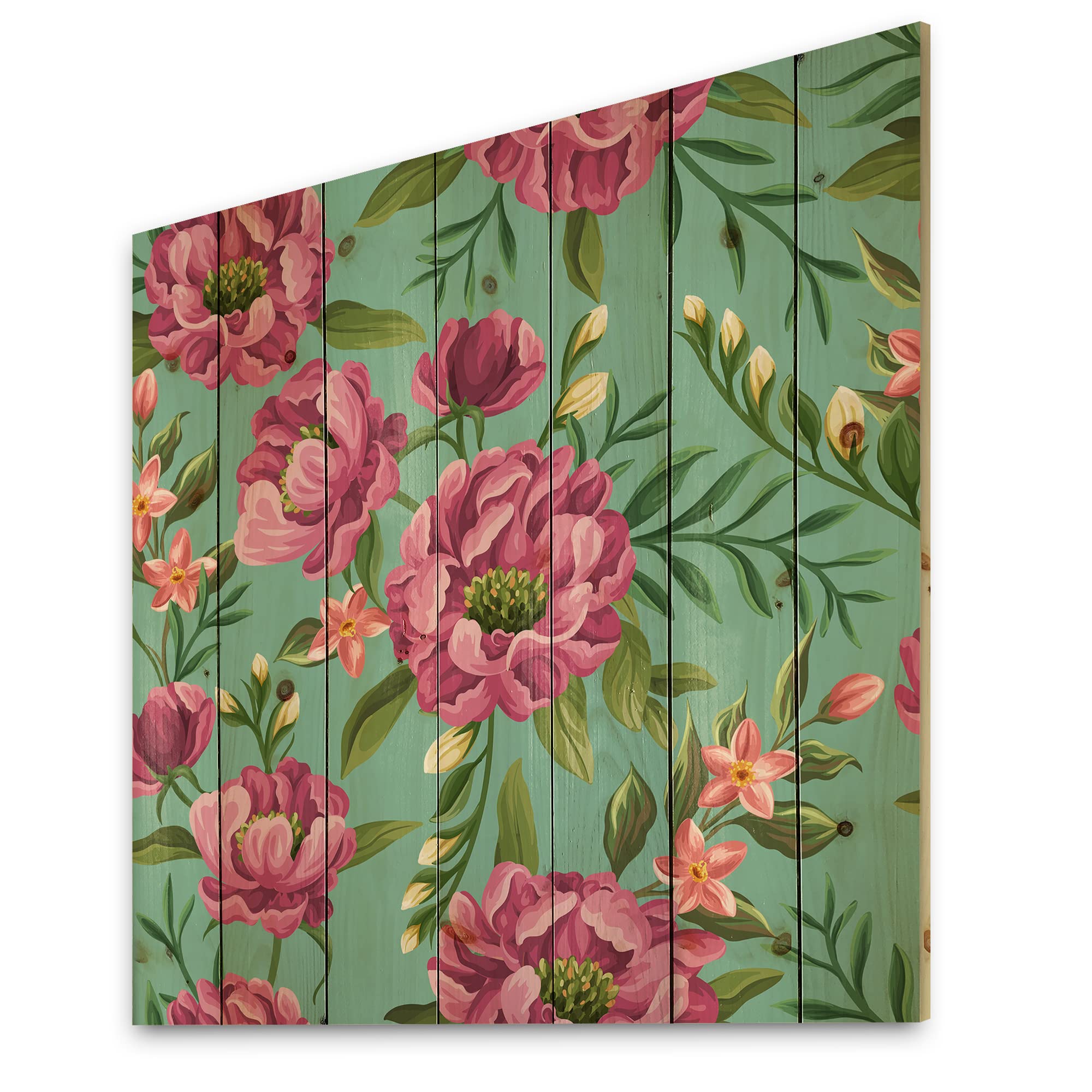 Vintage Floral Wood Wall Decor - Pink Fuchsia Flowers on Green Background, Large Traditional Pine Wood Wall Art Panel for Living Room, Bedroom & Home Decor