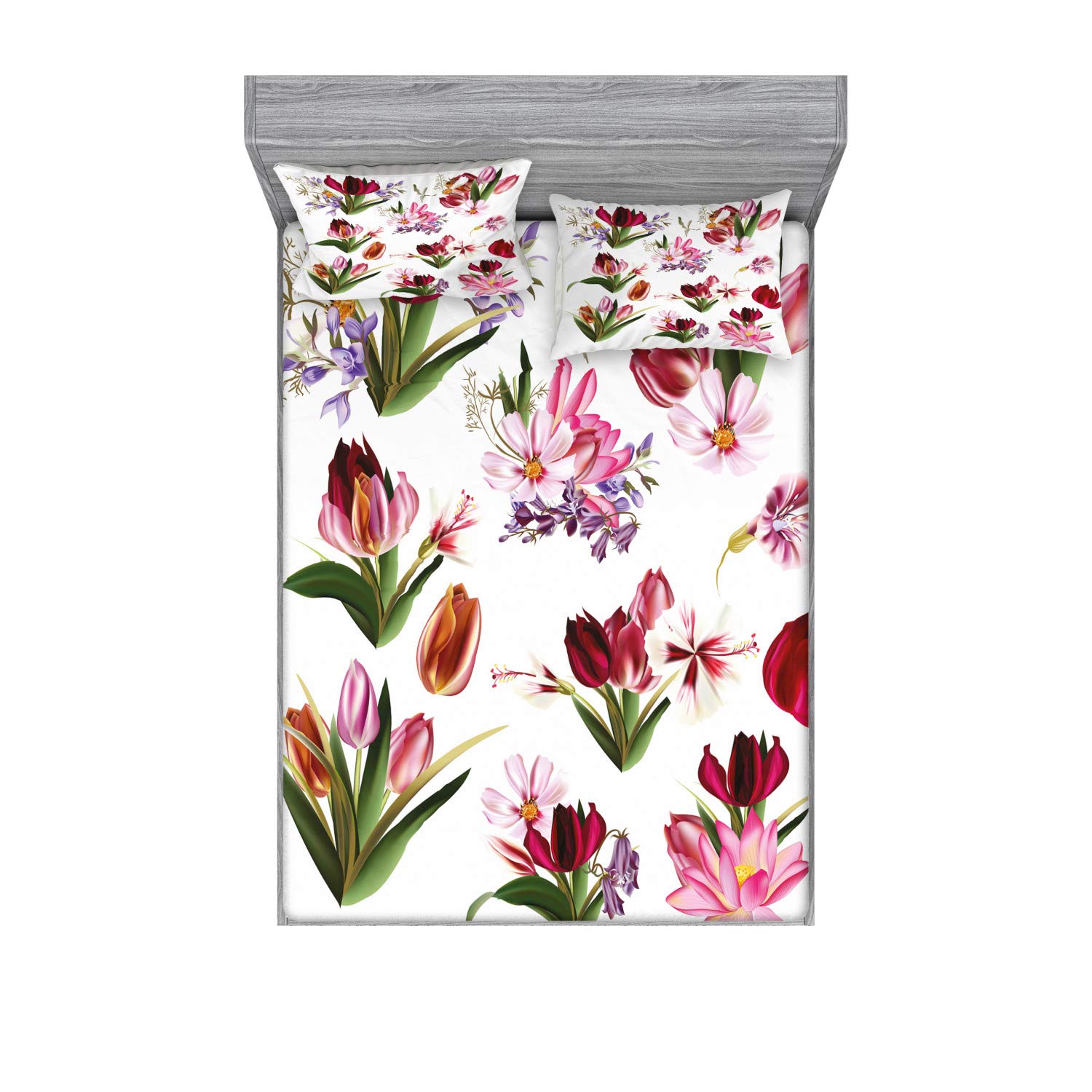Ambesonne Floral Fitted Sheet & Pillow Sham Set - Realistic Tulips, Cosmos & Lilies Pattern, 3-Piece Queen Size Bedding Set - Perfect for Spring Bedroom Decor, Guest Room Makeover & Boho Chic Home Styling