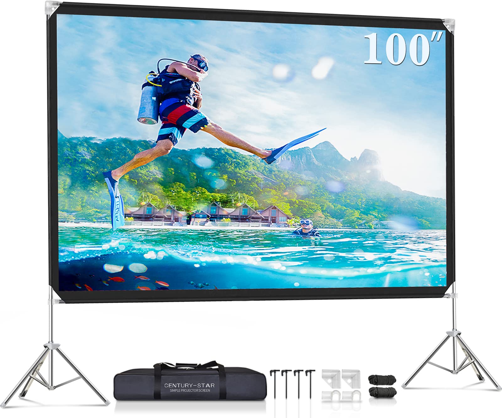 100-inch CENTURY-STAR Outdoor Projector Screen with Stand - Wrinkle-Free Nylon 16:9 Portable Movie Screen for Home Theater, Backyard & Camping - Includes Carrying Bag for Easy Transport