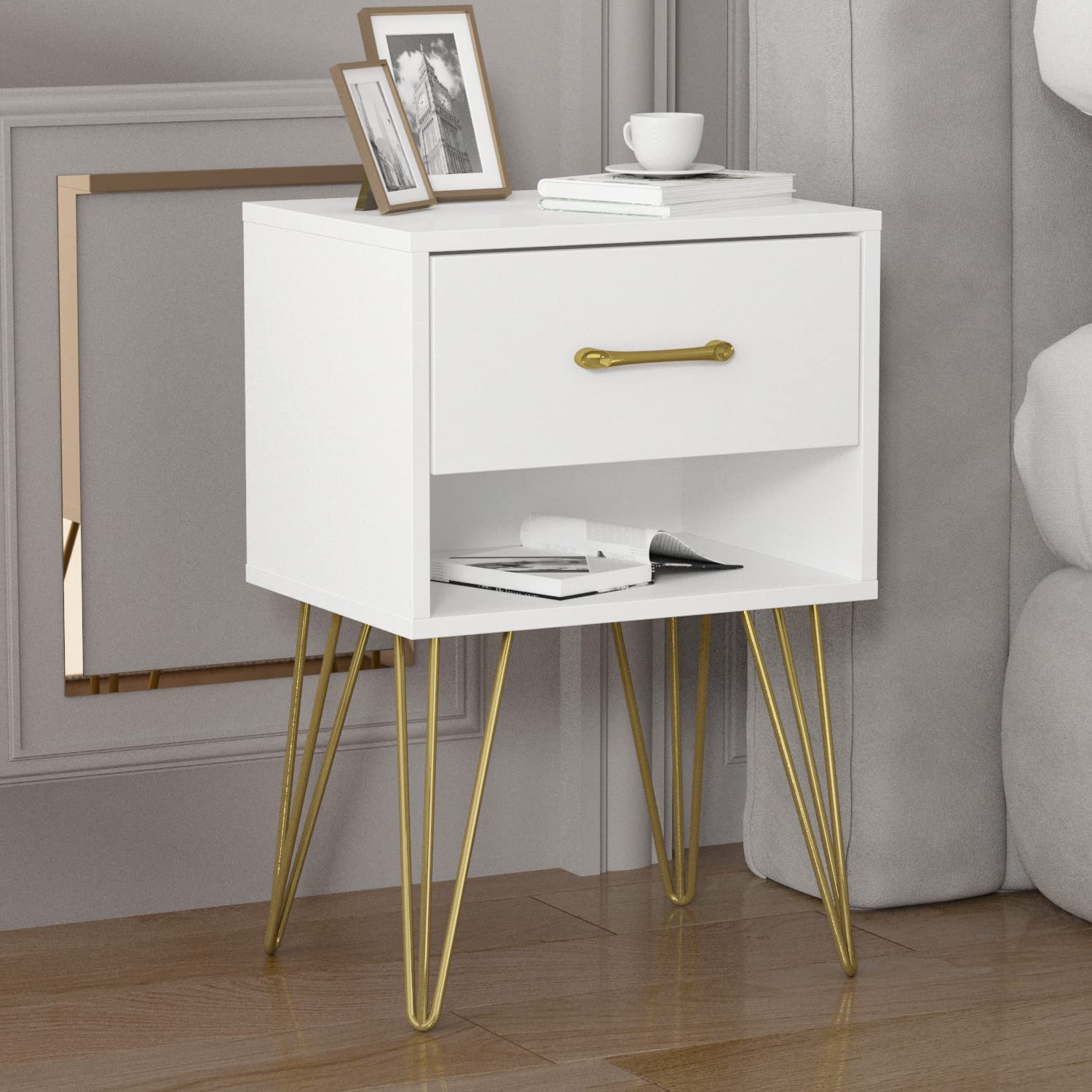 AIEGLE White Nightstand Set of 2 - Modern Wooden End Tables with Drawer & Shelf, Small Bedside Tables with Gold Metal Legs for Bedroom Storage (15.7