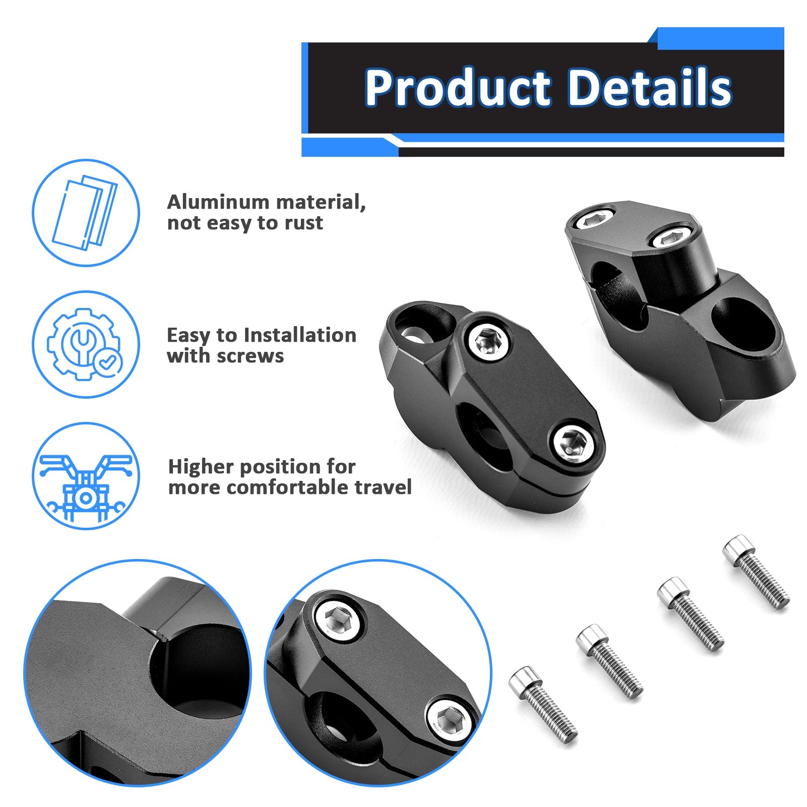 6061-T6 Billet Aluminum Gloss Black Handlebar Riser - Universal Fit for 7/8