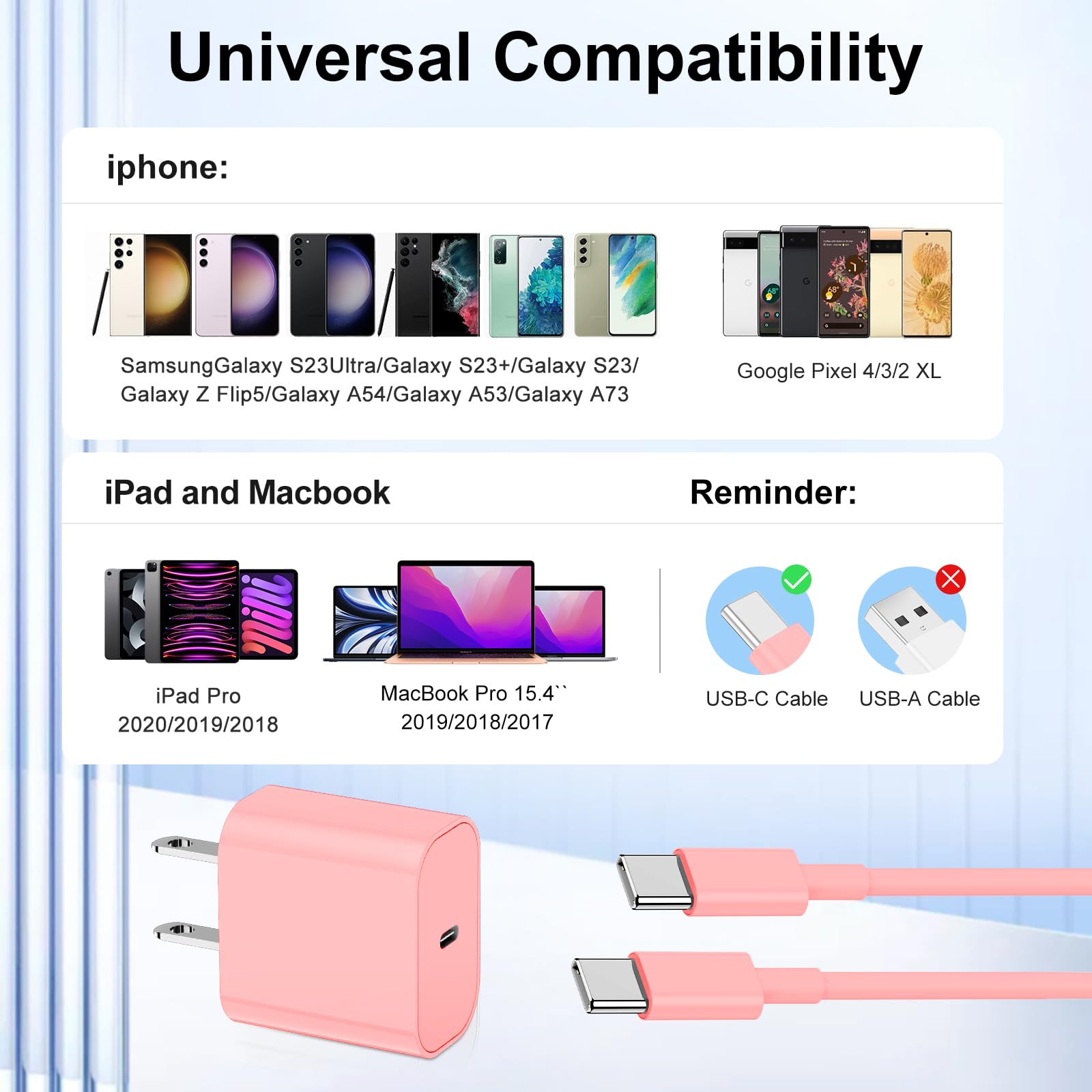 20W Fast Charger 3-Pack with 10ft USB-C Cable - Compatible with iPhone 16/15/Pro/Max, iPad Pro, AirPods & Samsung - Quick Wall Charger Block for Home, Office & Travel