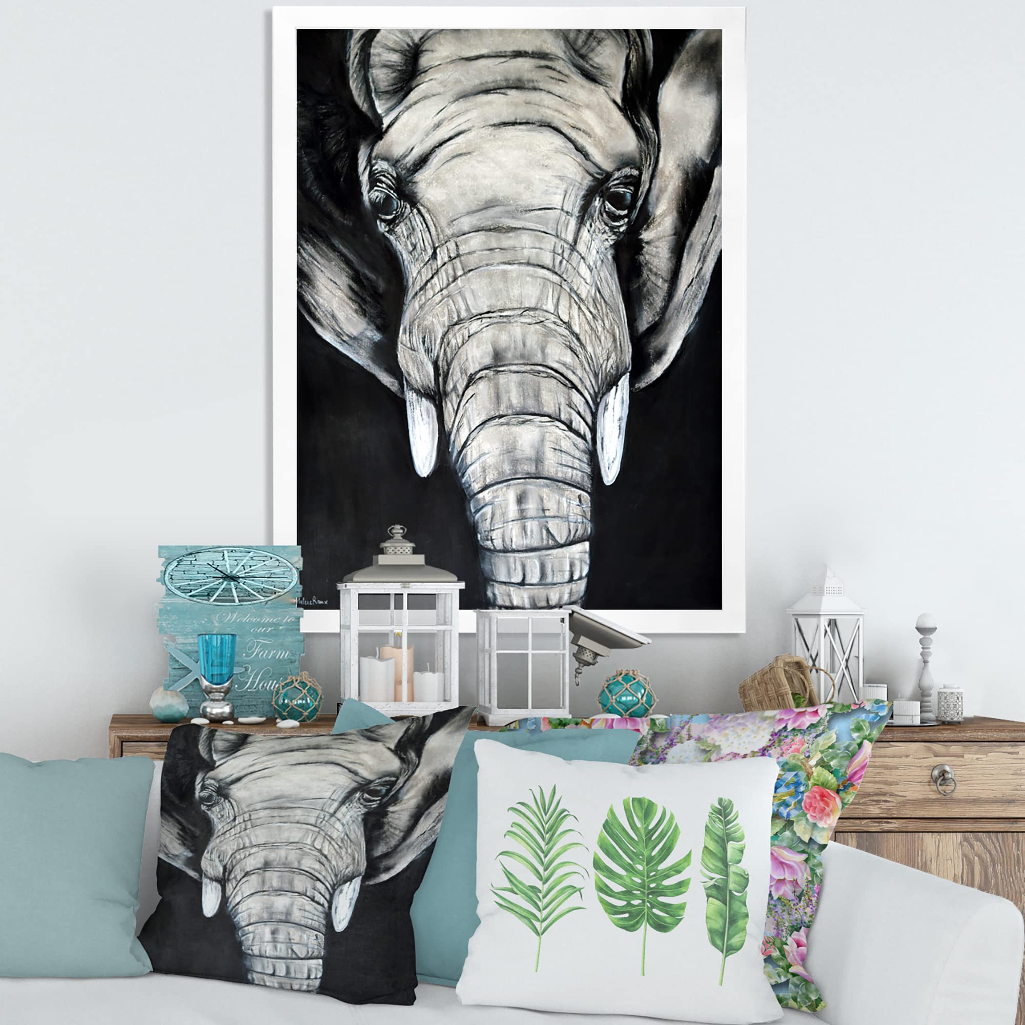 DesignQ African Elephant Portrait Framed Wall Art - Rustic Farmhouse Decor for Living Room, Bedroom & Office