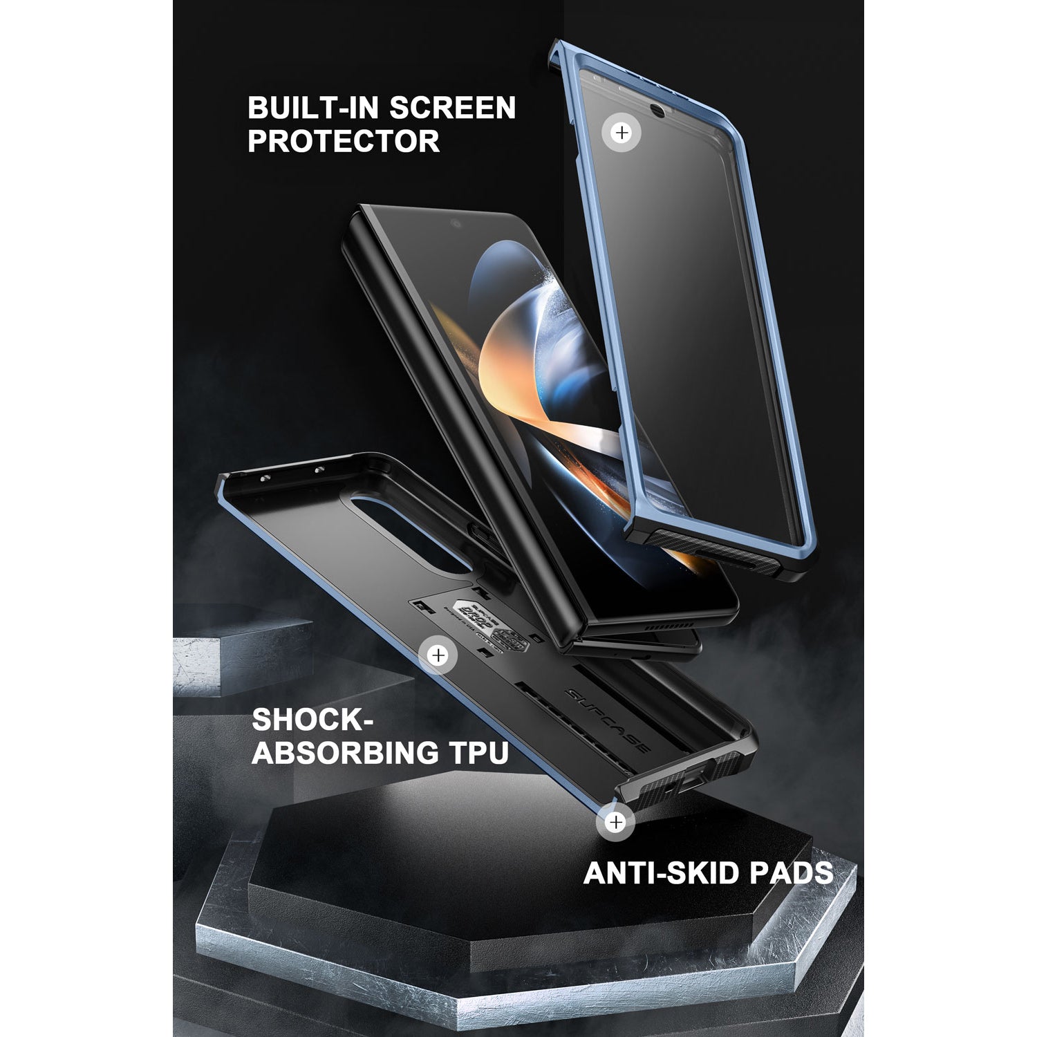 Samsung Galaxy Z Fold 4 Case with Built-in Kickstand & Screen Protector - Shockproof Heavy Duty Cover in Metallic Blue | Perfect for Work, Travel & Everyday Protection