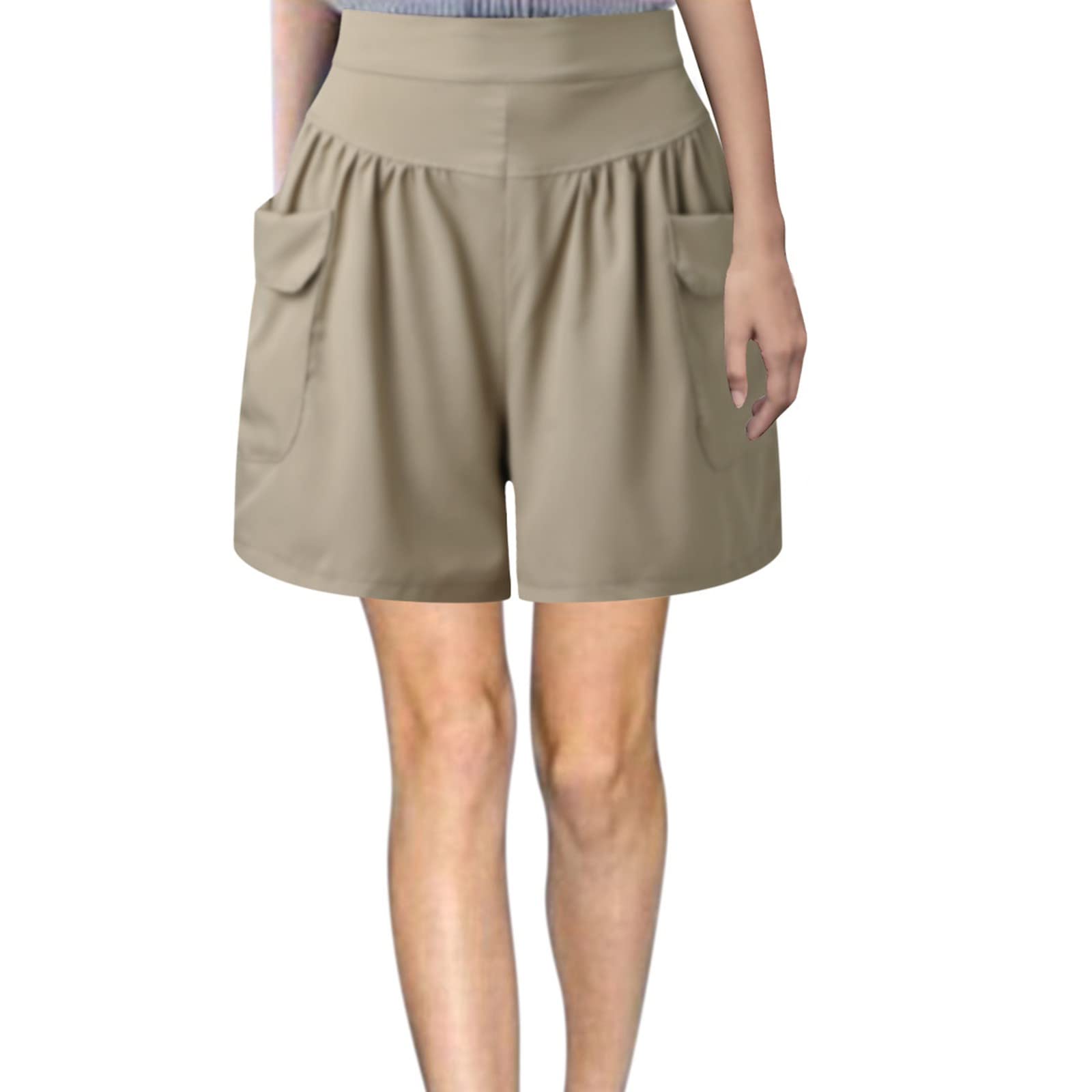 Women's Elastic Waist Pocketed Sweat Shorts - Comfy Athletic Running Shorts for Casual Summer Wear | Solid Color Khaki XXXL | Perfect for Gym, Jogging & Lounge