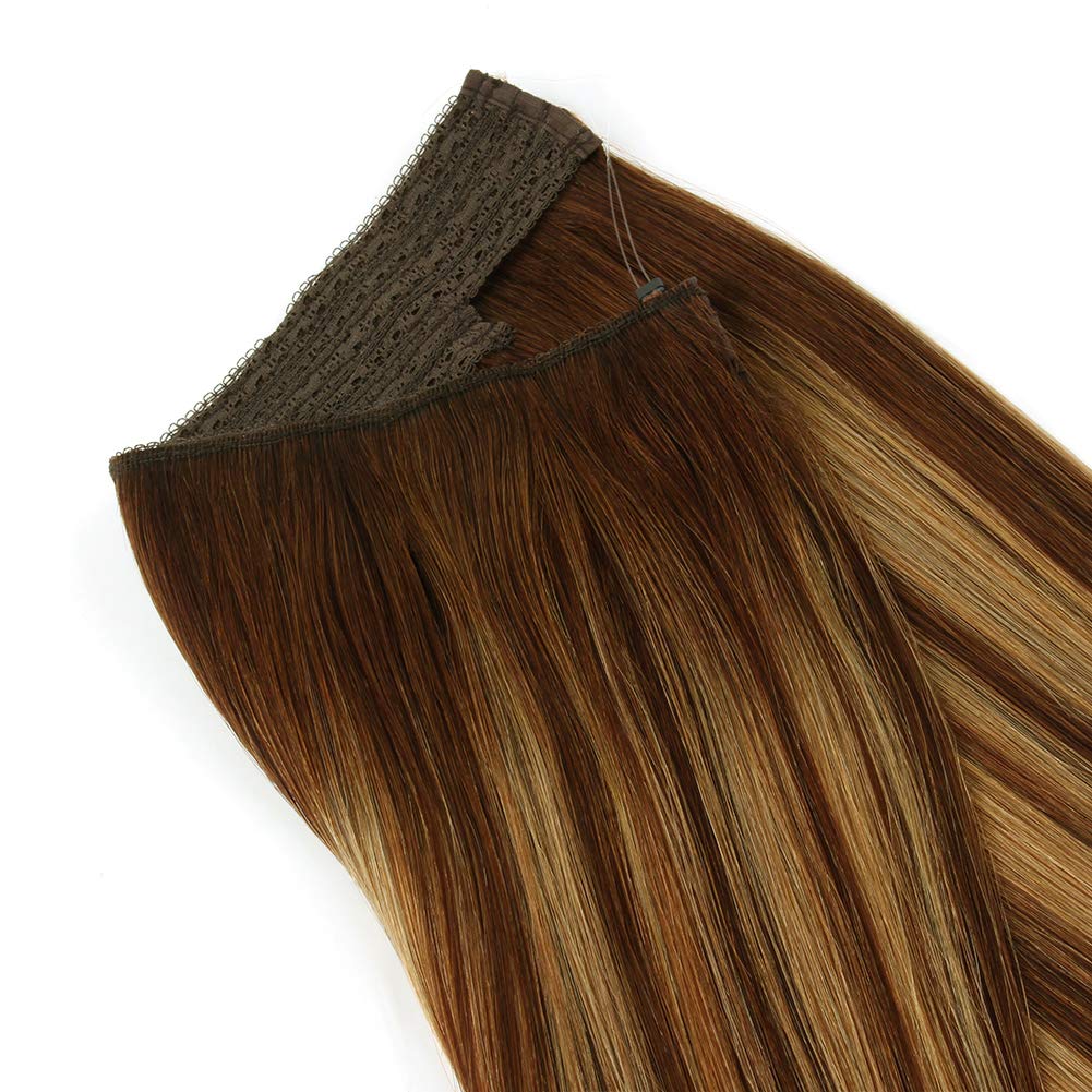 Sassina Invisible Wire Hair Extensions - 100% Real Human Hair with Transparent Wire, Adjustable Size & Secure Clips, Natural Straight Secret Miracle Hairpiece (14 Inch, 90g, Color #B4-27) - Perfect for Daily Wear, Parties & Special Occasions