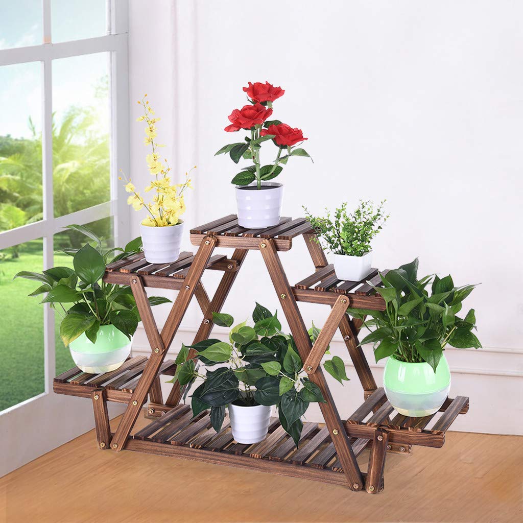 4 Tier Wooden Plant Stand - Triangular Plant Shelf with 6 Pots, Indoor/Outdoor Flower Display Rack for Patio, Garden, Balcony, Living Room - Perfect for Small Space Gardening & Home Decor