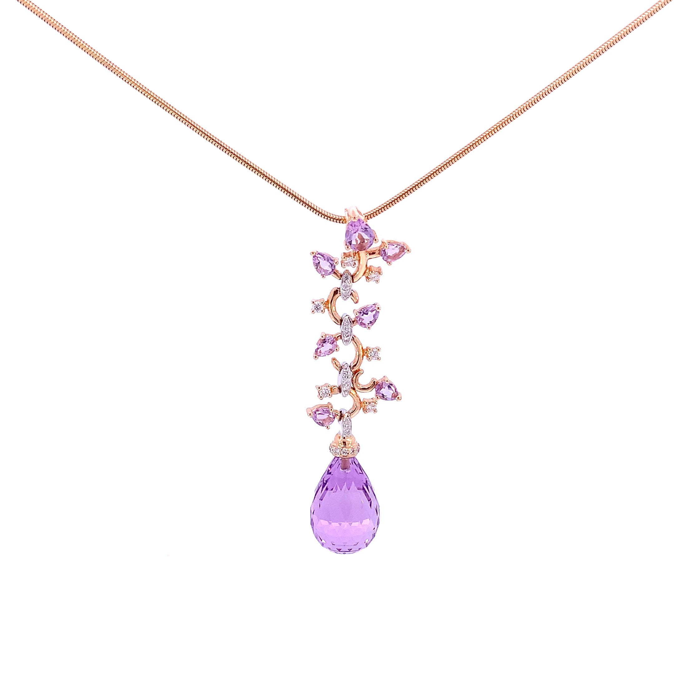 18ct Rose Gold Amethyst Briollette & Diamond Floral Pendant Necklace - Elegant Jewelry for Women, Perfect for Weddings, Anniversaries & Special Occasions