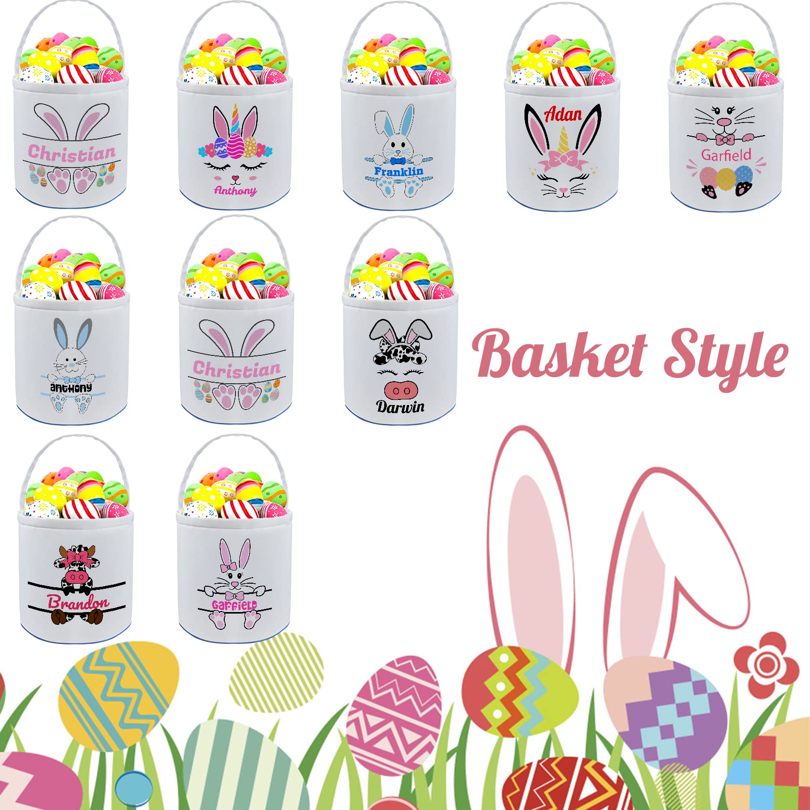 Personalized Easter Basket with Name - Custom Candy Egg & Bunny Tote Bag for Girls & Boys - Pink Easter Gift Decorations for Home, Party & Spring Celebrations