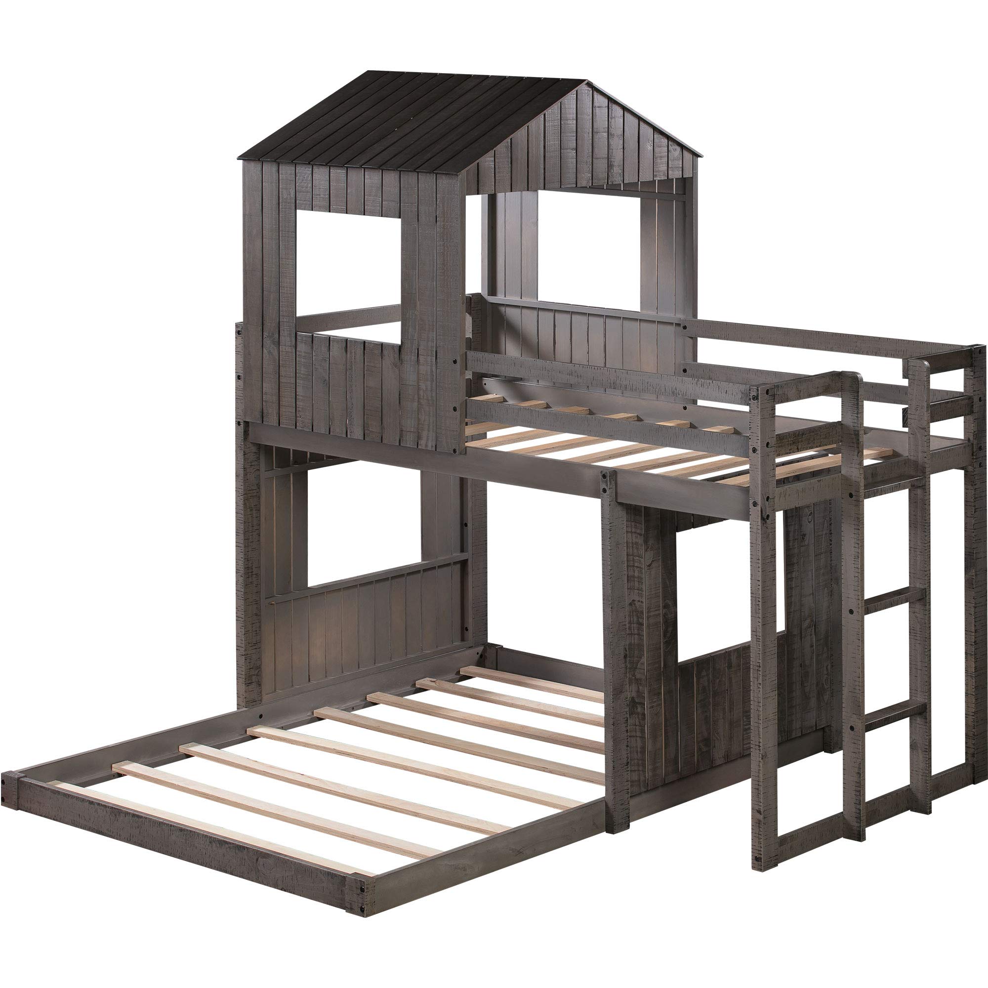 Kids Twin Over Full Bunk Bed with Playhouse - Solid Wood Loft Bed with Roof, Window & Safety Guardrail - No Box Spring Needed (Antique Gray) | Perfect for Small Bedrooms, Shared Kids Rooms & Play Areas