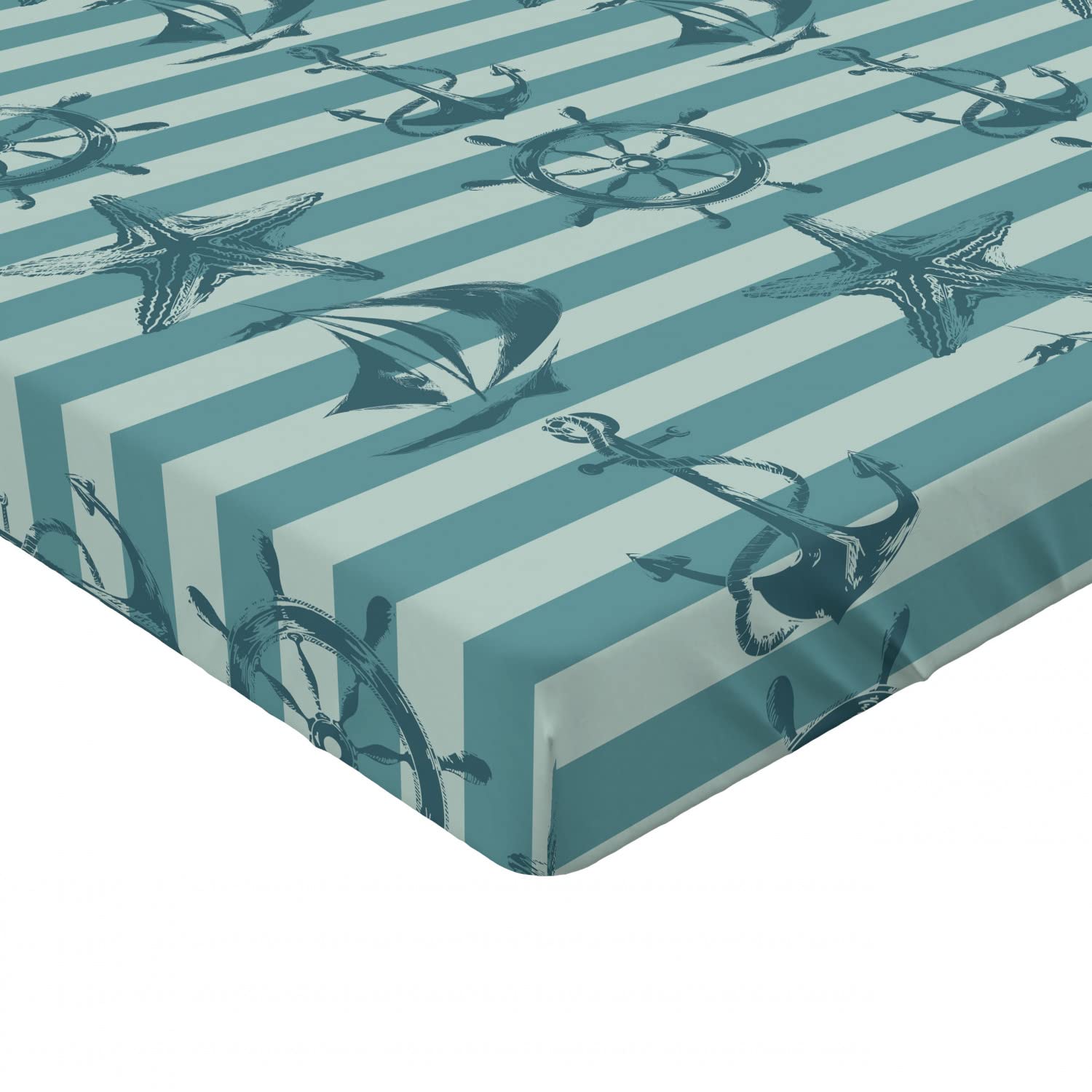 Ambesonne Ships Wheel Fitted Sheet - Retro Marine Pattern with Anchor & Starfish on Striped Background - Deep Pocket Elastic Twin XL Bed Sheet - Teal Beige - Perfect for Nautical Themed Bedrooms & Coastal Decor