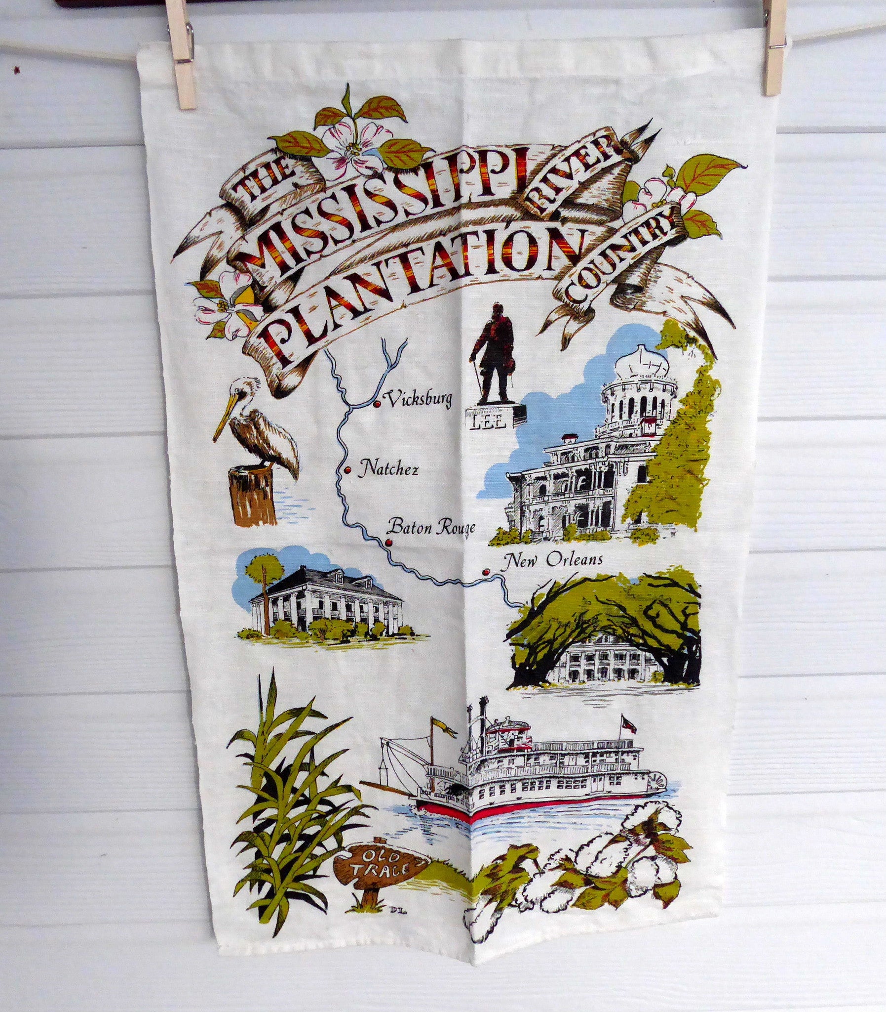 Vintage Mississippi River Tea Towel - Kay Dee Designs 1980s Cotton Kitchen Towel with Plantation Scene - Perfect for Travel Souvenirs, Home Decor & Gift Giving