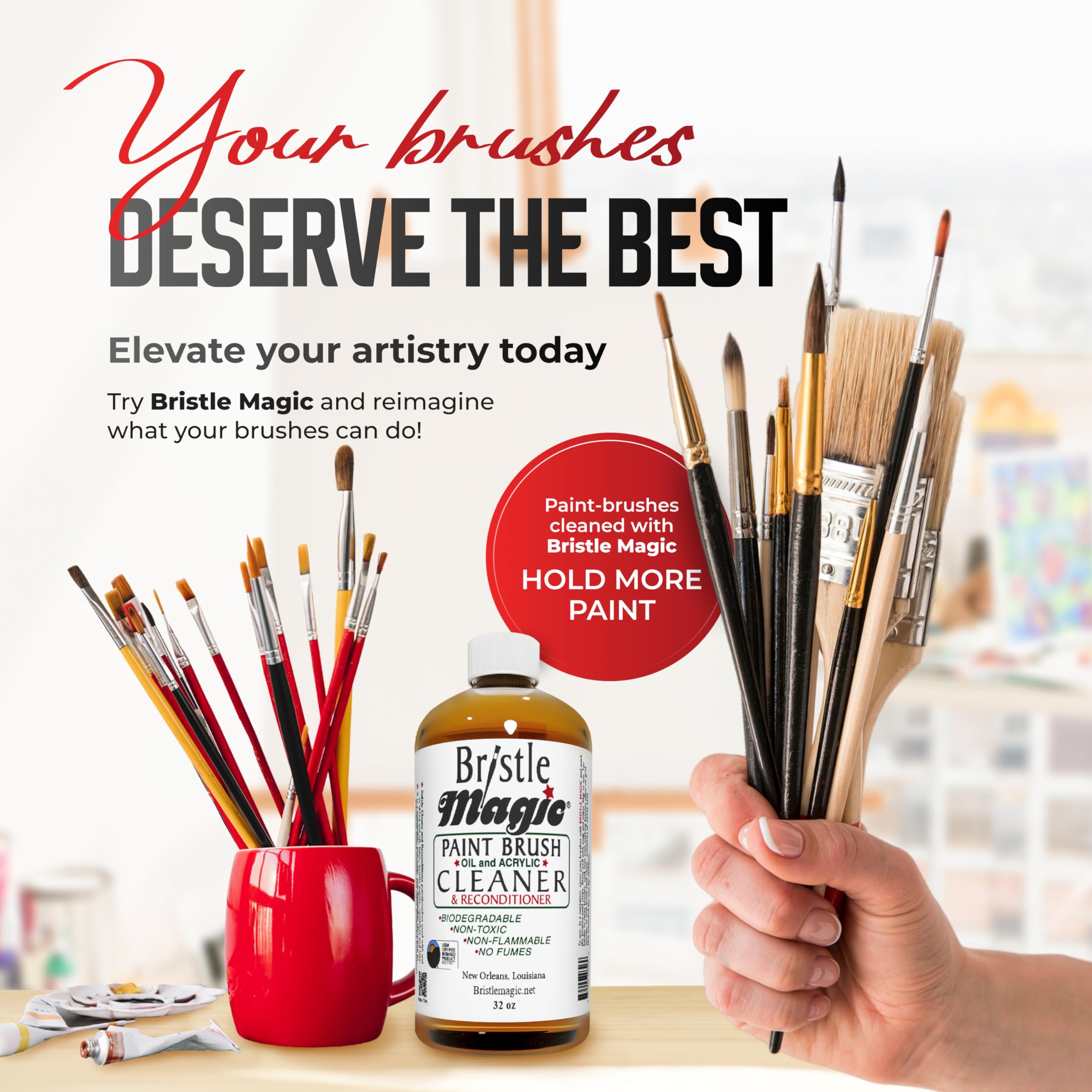 Eco-Friendly Paint Brush Cleaner & Reconditioner for Acrylic, Watercolor, Oil & Spray Paint Brushes - Biodegradable, Non-Toxic, Non-Flammable 8oz Cleaning Solution - Perfect for Artists, DIY Projects & Studio Use