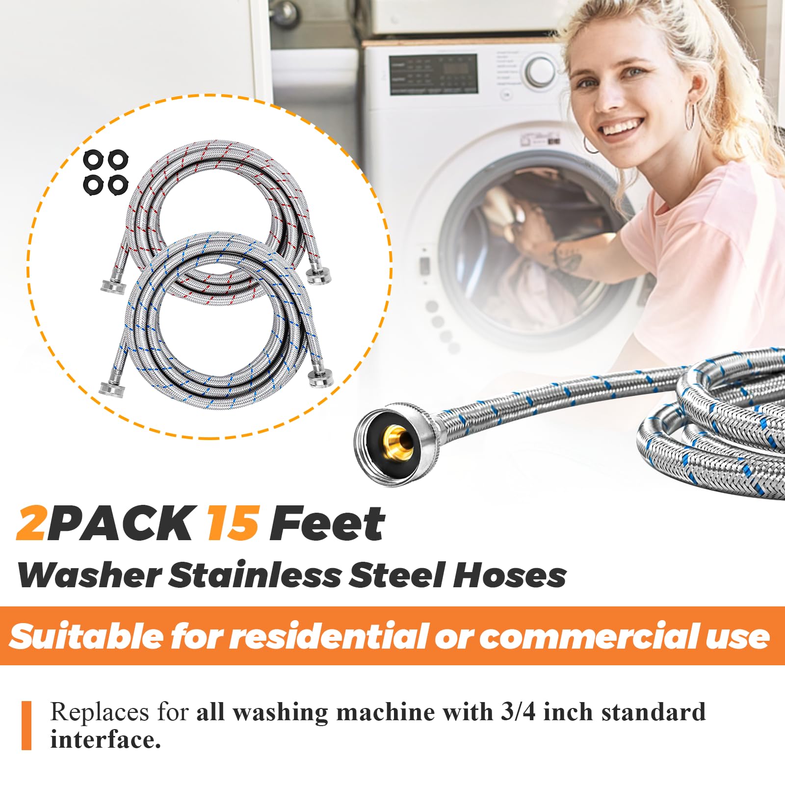 Beaquicy 15ft Long Washing Machine Hoses (2 Pack) - Stainless Steel Hot and Cold Water Supply Lines with Striped Design - Universal Fit for All Washing Machines - Burst Proof & Leak Free - 10 Year Warranty - Perfect for Laundry Rooms, Basements, and Apartments