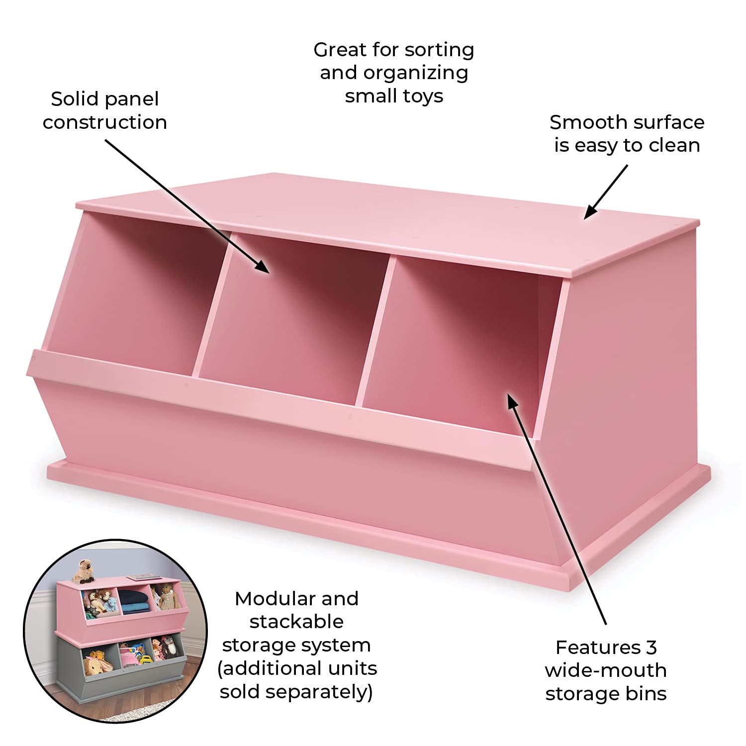 Badger Basket Three Bin Stackable Toy Storage Organizer with Removable Bins - Pink Nursery, Kids Room & Playroom Organization Solution