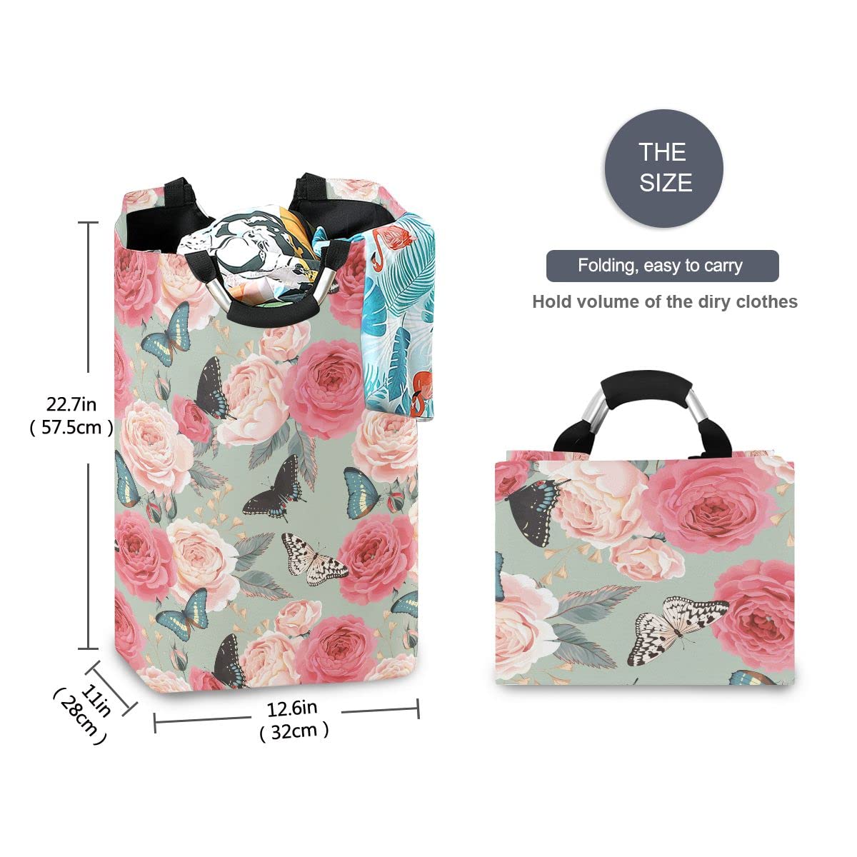 Foldable Collapsible Laundry Basket with Handles - Peony Roses & Butterfly Design for Laundry Room Decor, Bathroom Organization & Storage - Perfect for College Dorms, Apartments and Travel